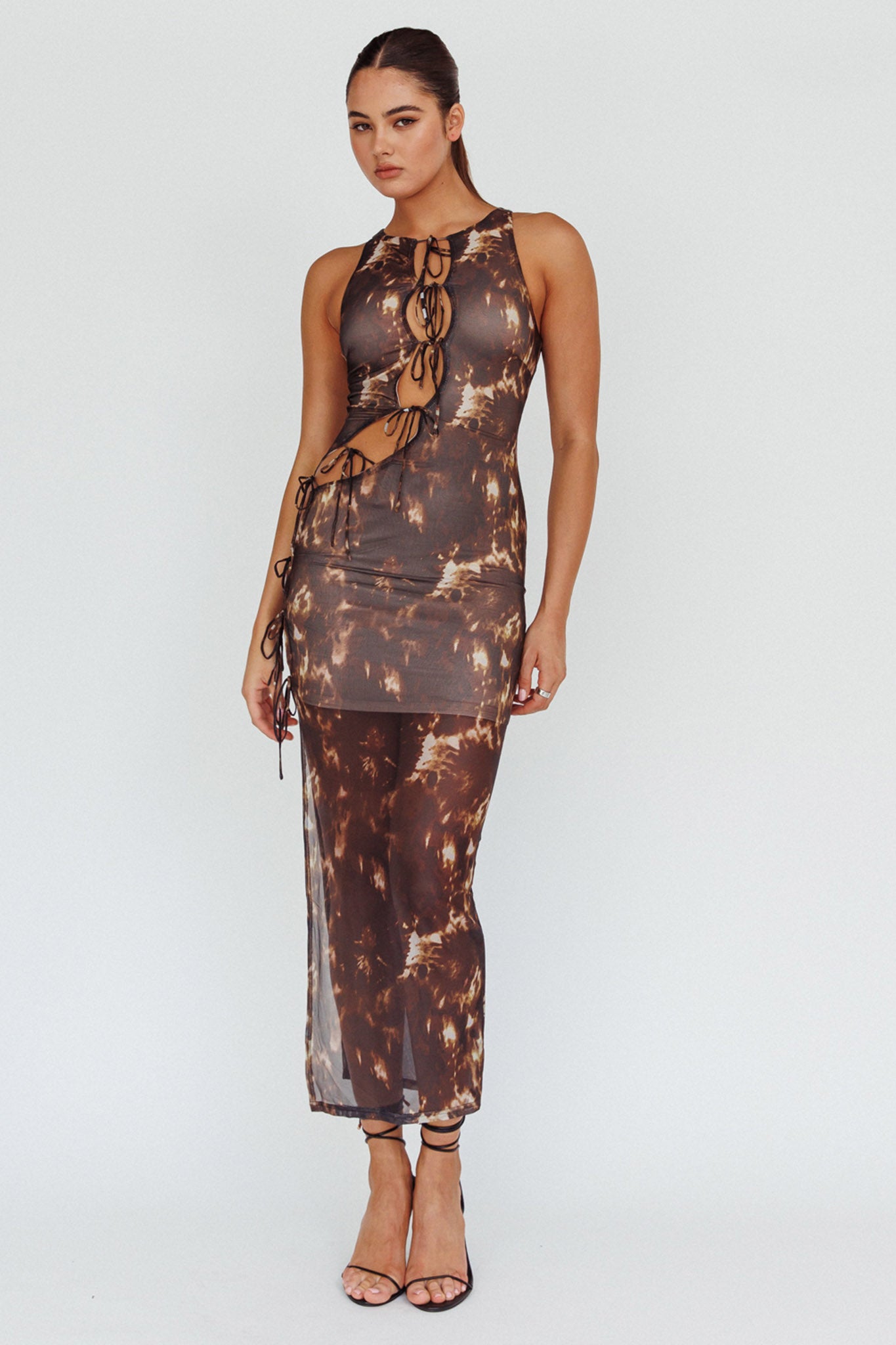 Mira Tied Keyhole Maxi Dress Brown-Maymioy