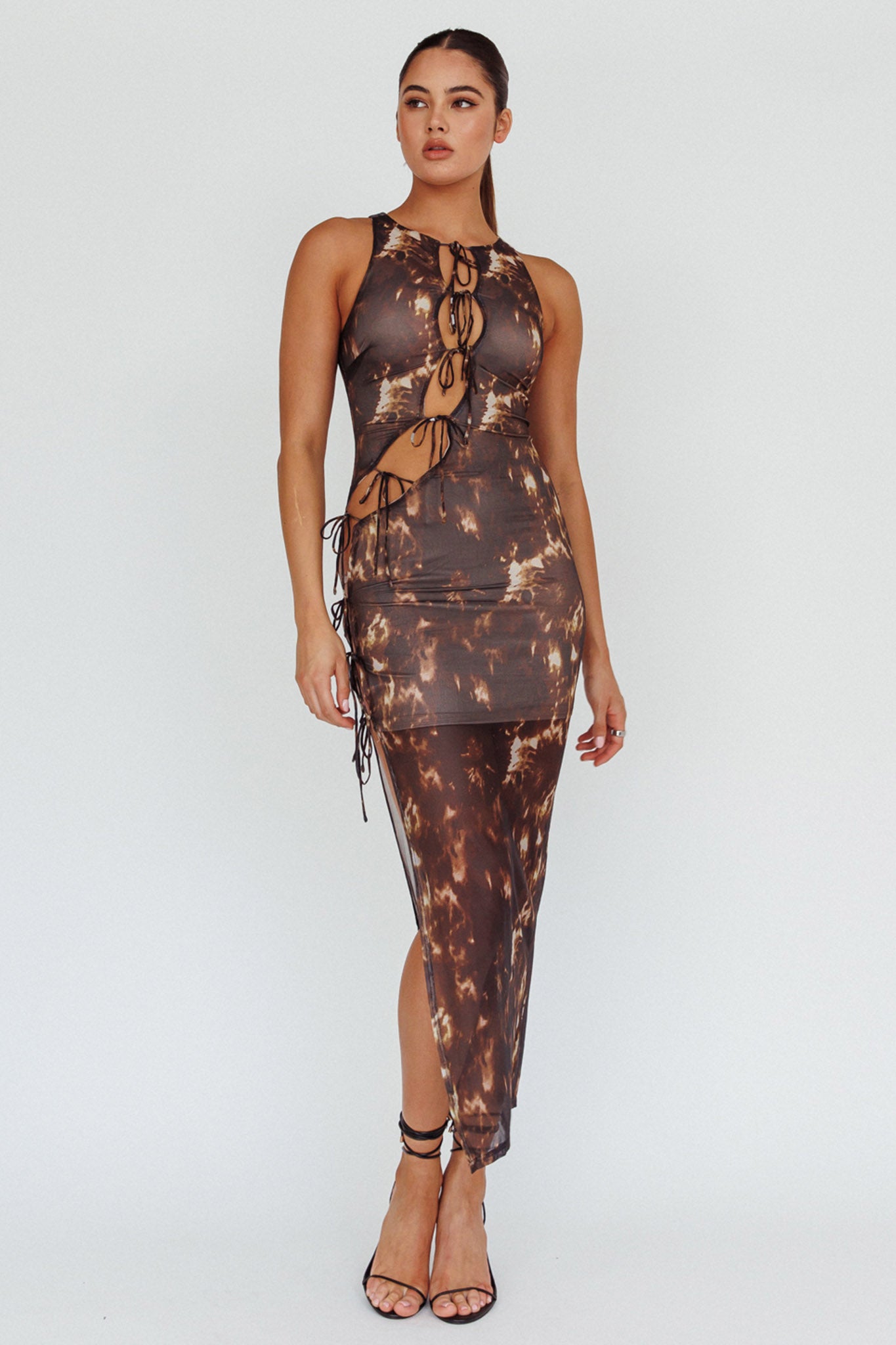 Mira Tied Keyhole Maxi Dress Brown-Maymioy