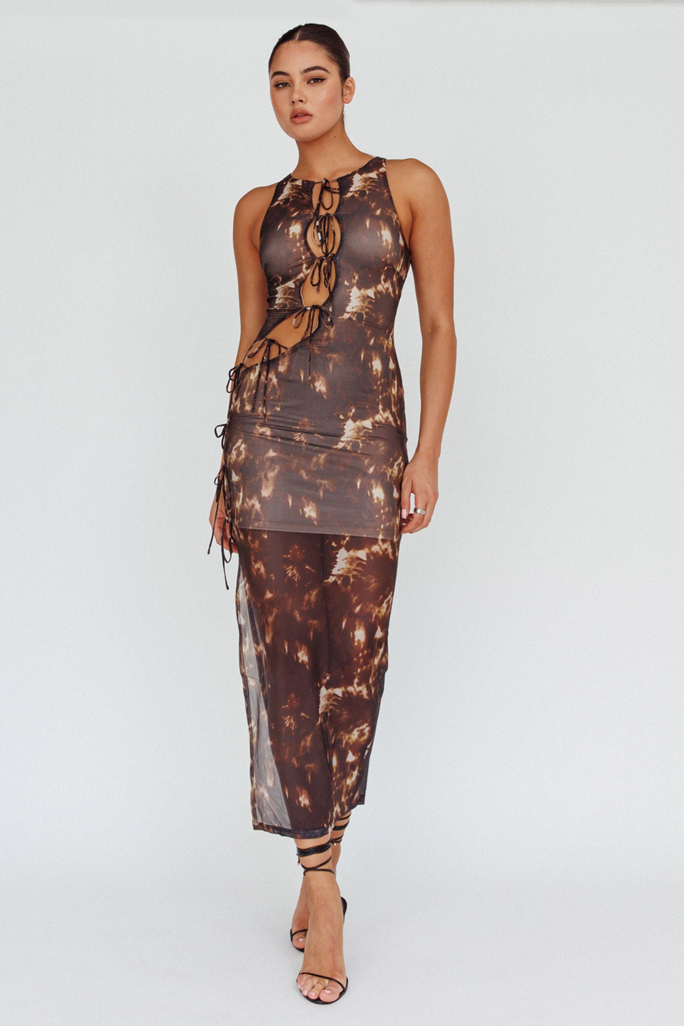 Mira Tied Keyhole Maxi Dress Brown-Maymioy