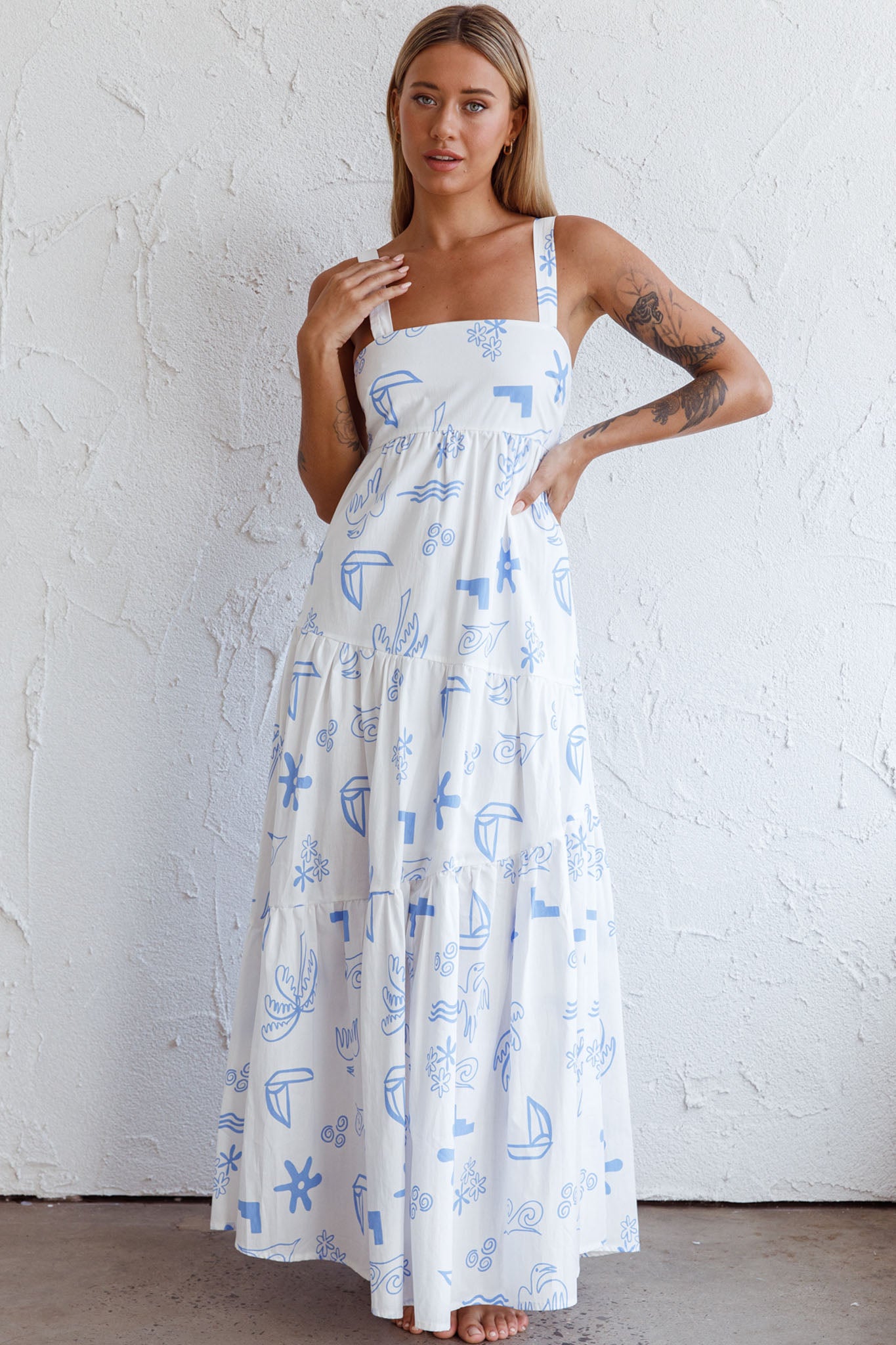 Indianna Square Neckline Maxi Dress Printed White-Maymioy