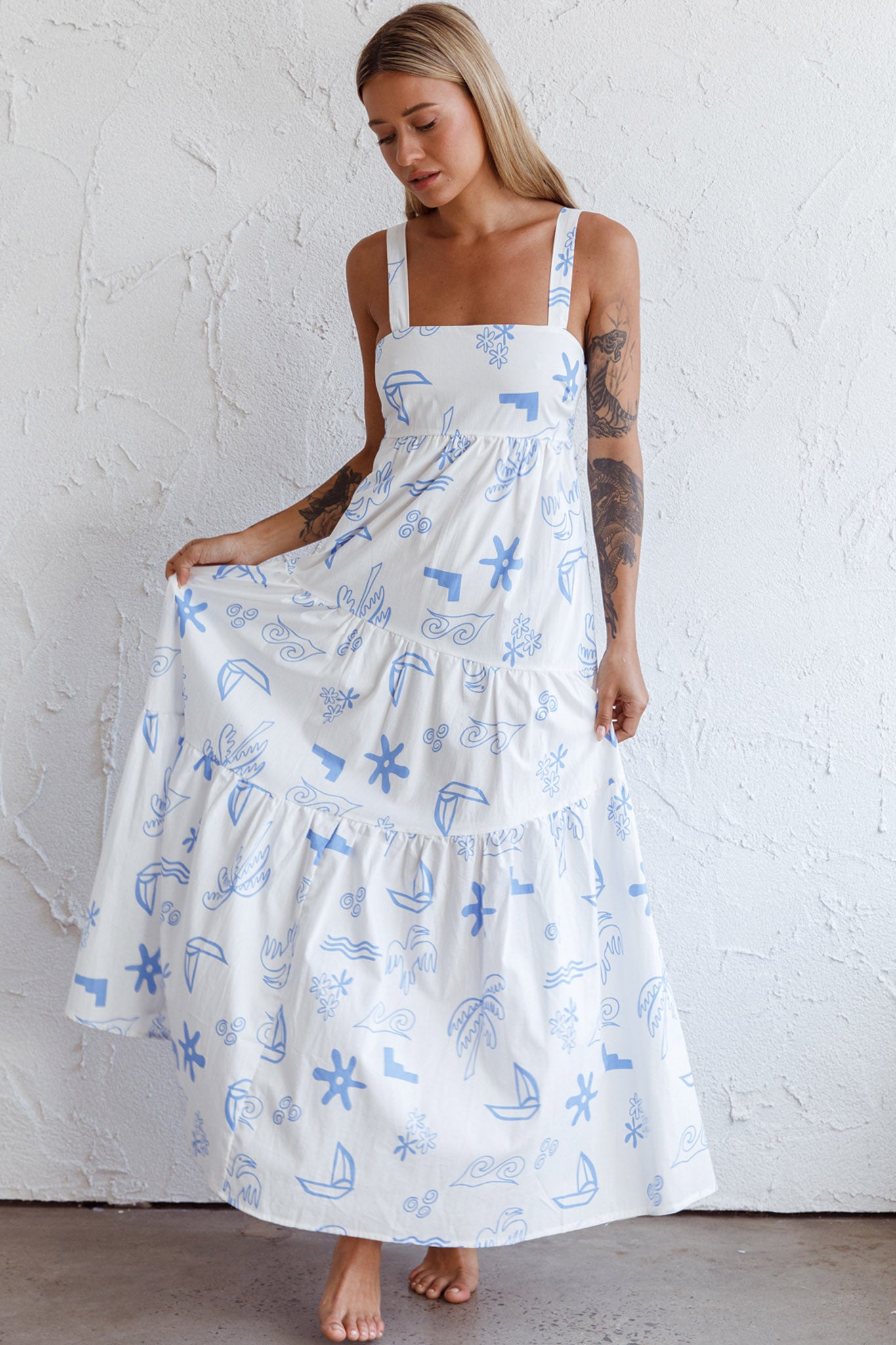 Indianna Square Neckline Maxi Dress Printed White-Maymioy
