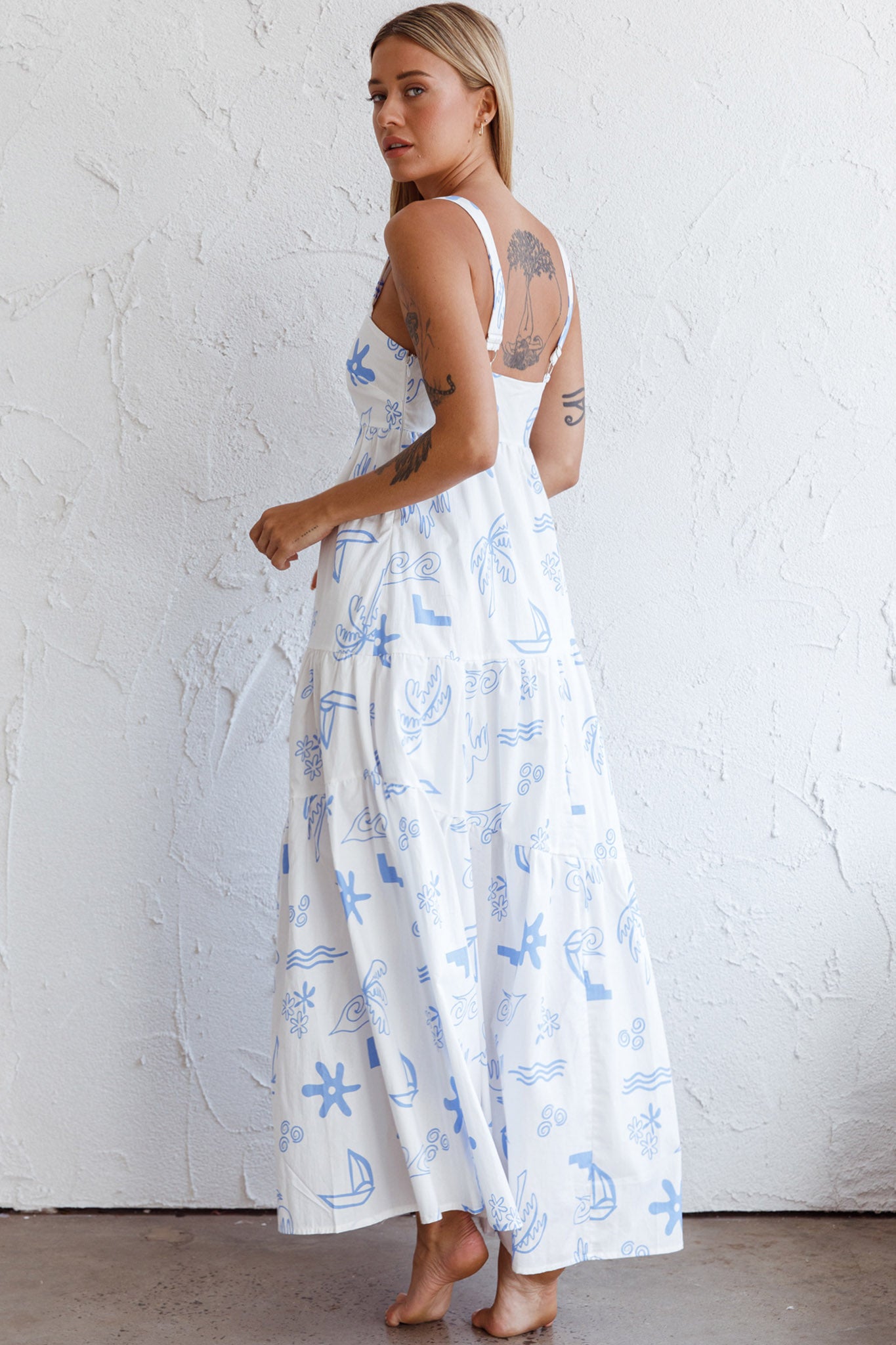 Indianna Square Neckline Maxi Dress Printed White-Maymioy