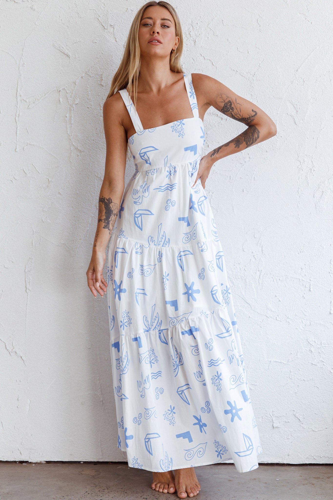 Indianna Square Neckline Maxi Dress Printed White-Maymioy