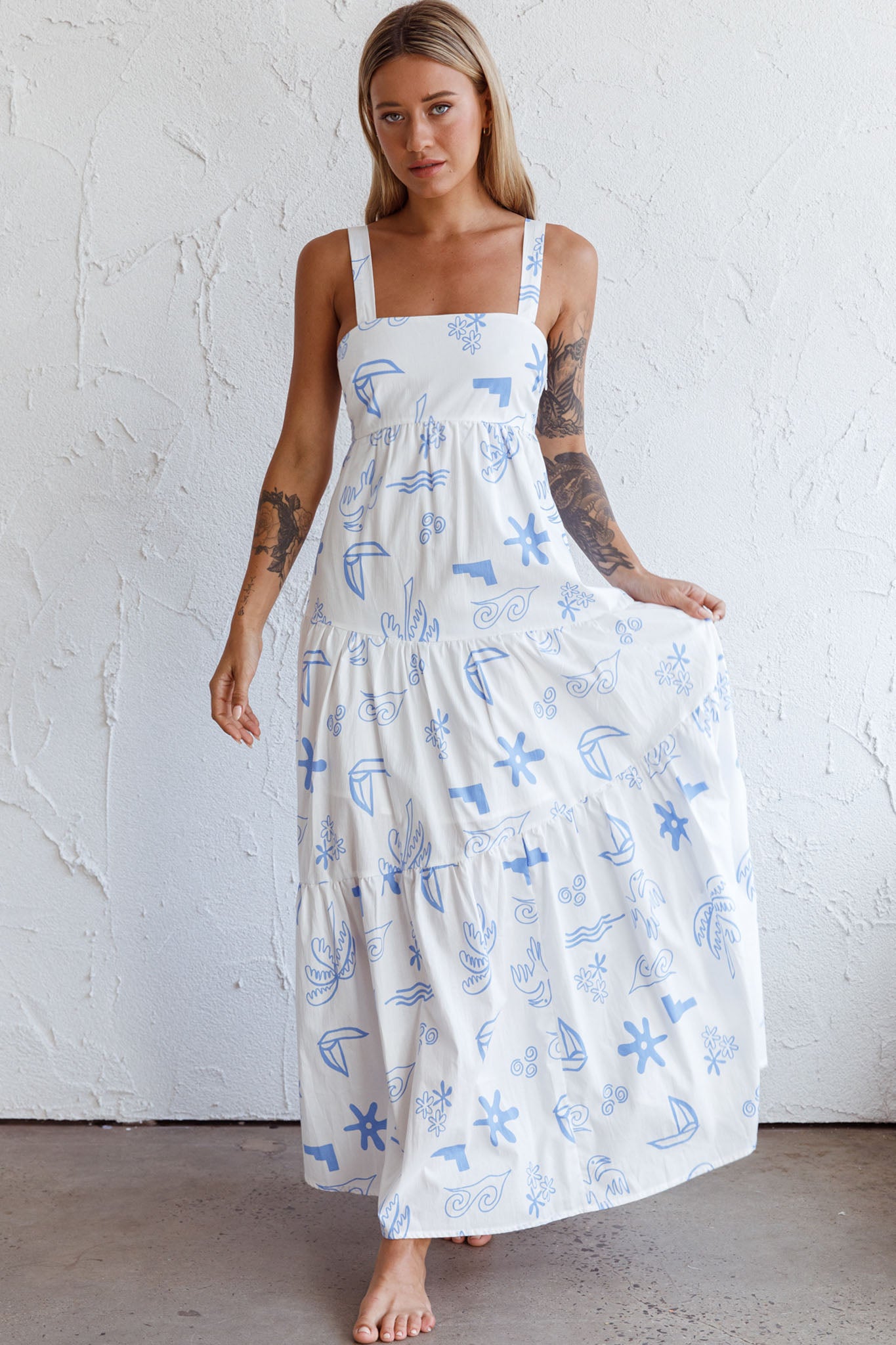 Indianna Square Neckline Maxi Dress Printed White-Maymioy