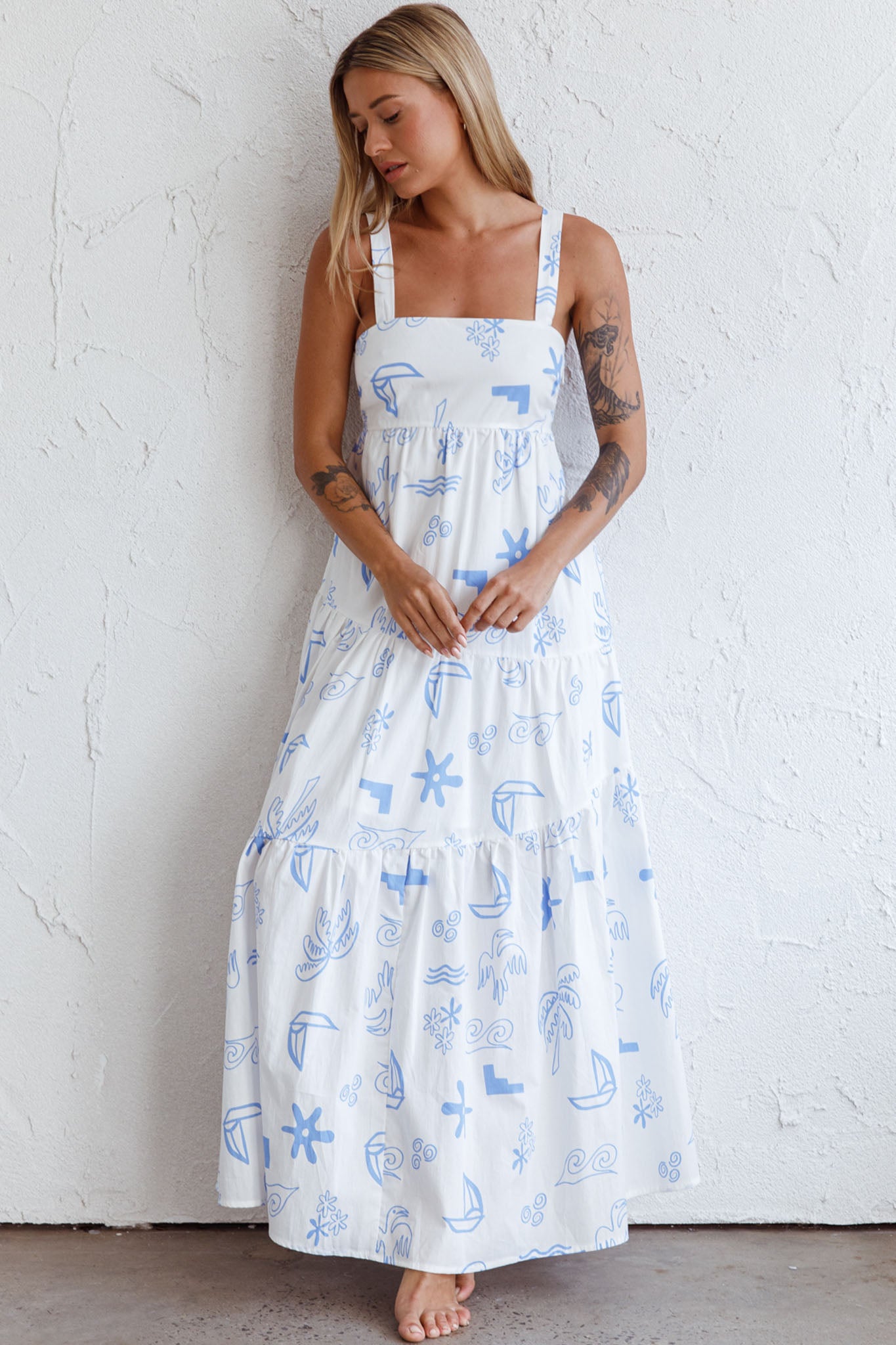 Indianna Square Neckline Maxi Dress Printed White-Maymioy
