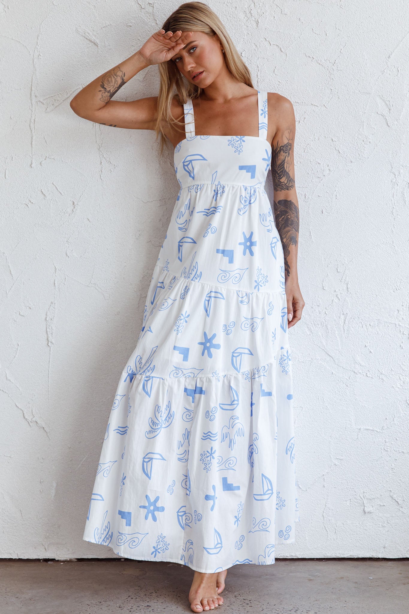 Indianna Square Neckline Maxi Dress Printed White-Maymioy