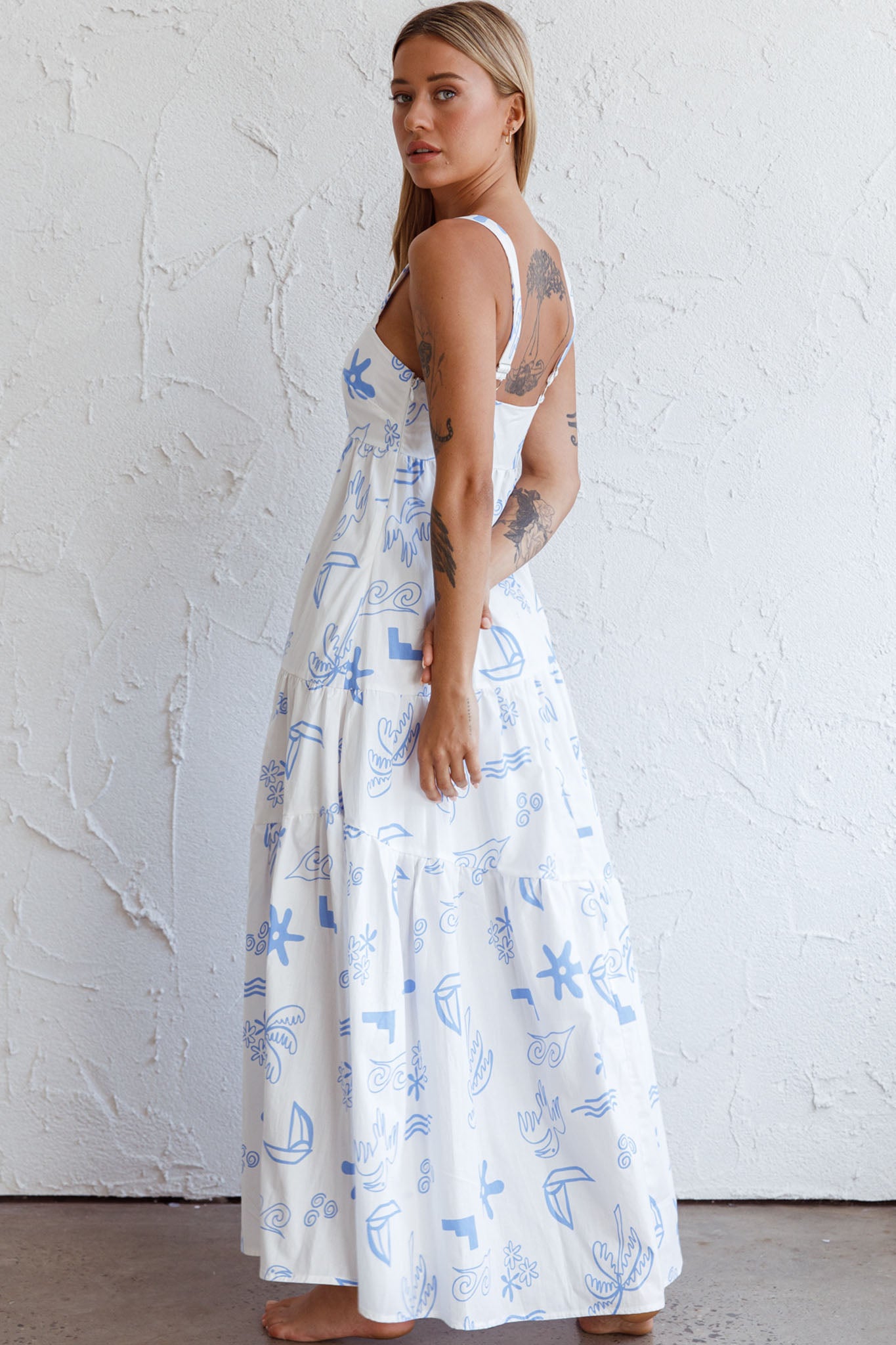 Indianna Square Neckline Maxi Dress Printed White-Maymioy