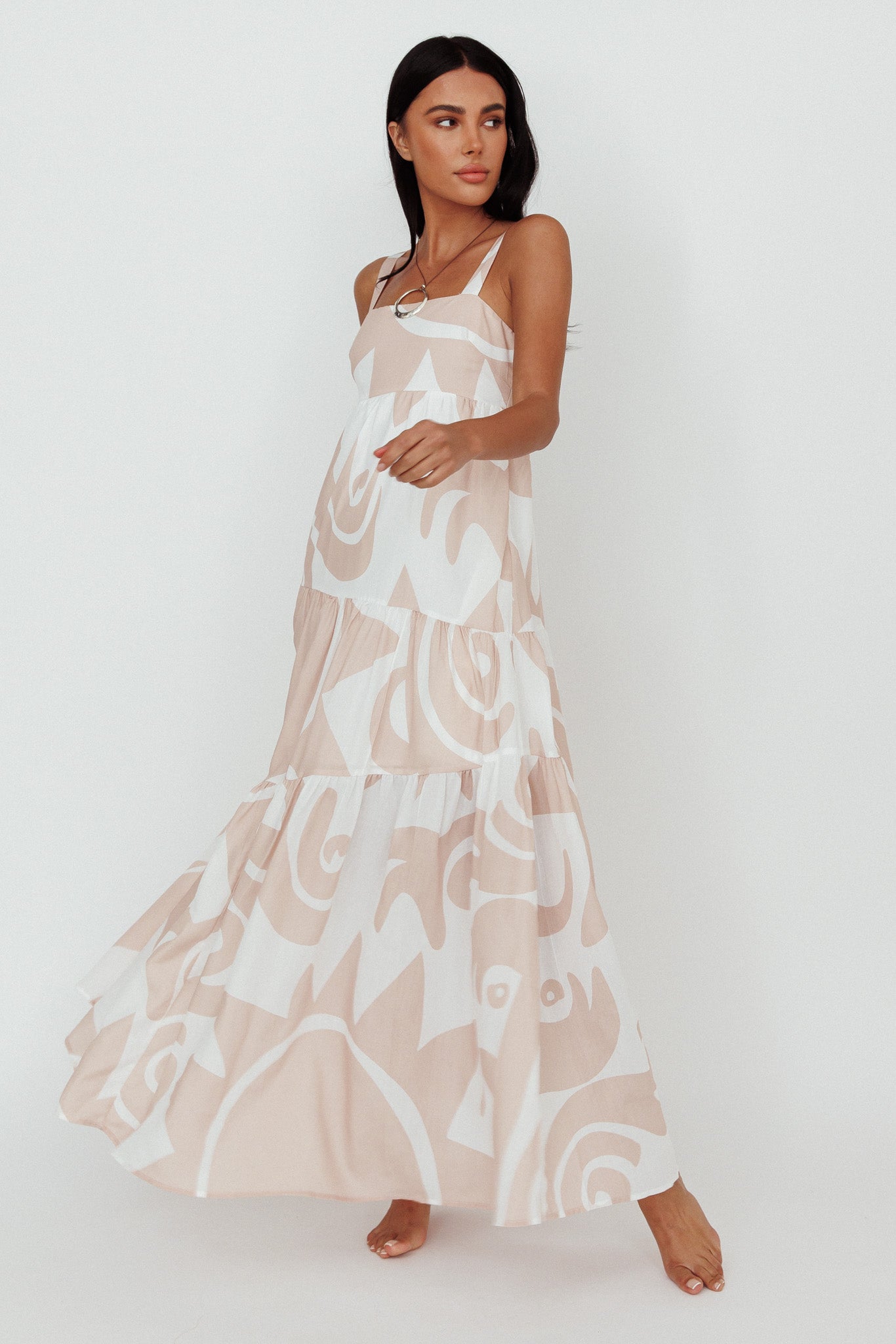 Indianna Square Neckline Maxi Dress Printed Sand/White-Maymioy
