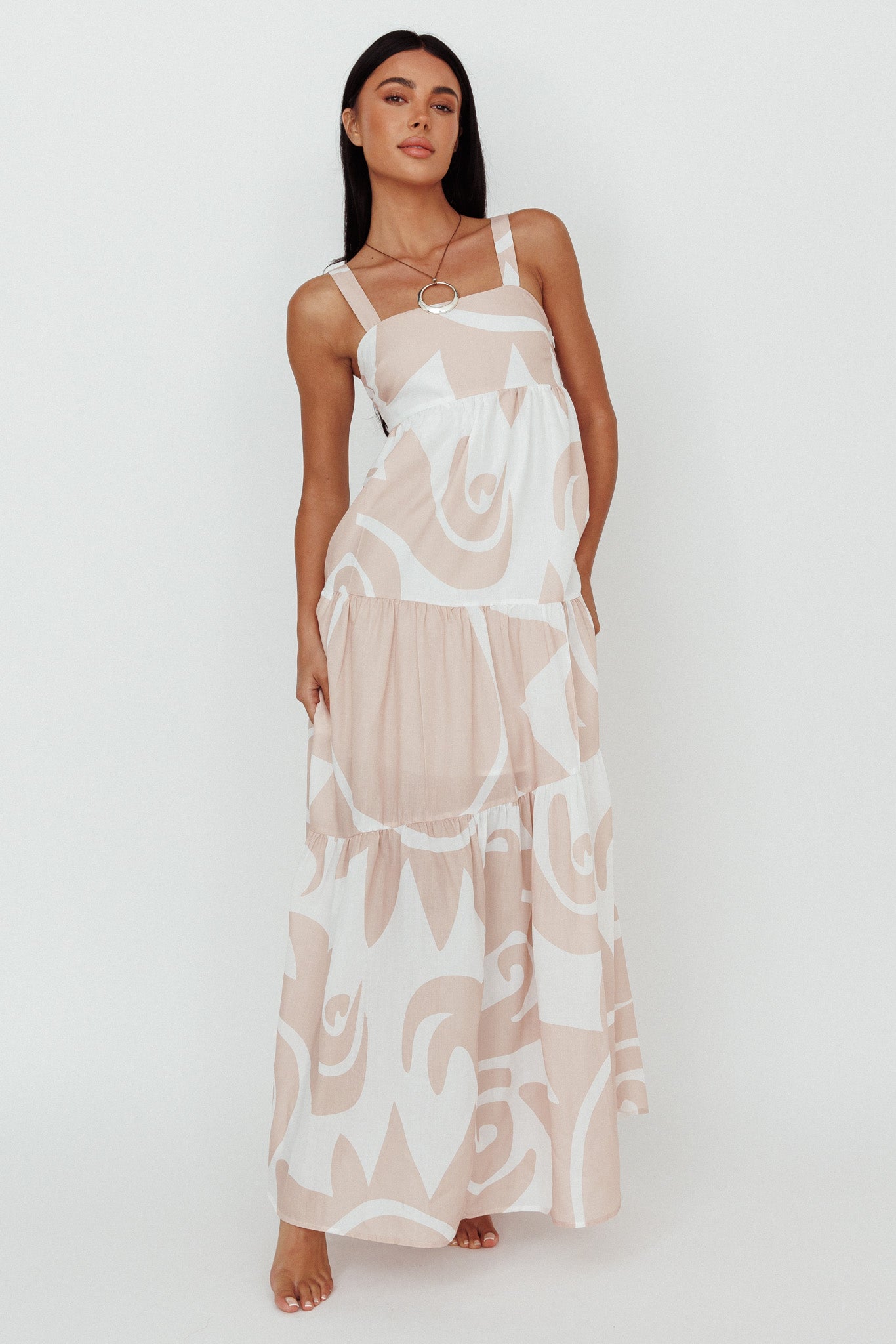 Indianna Square Neckline Maxi Dress Printed Sand/White-Maymioy