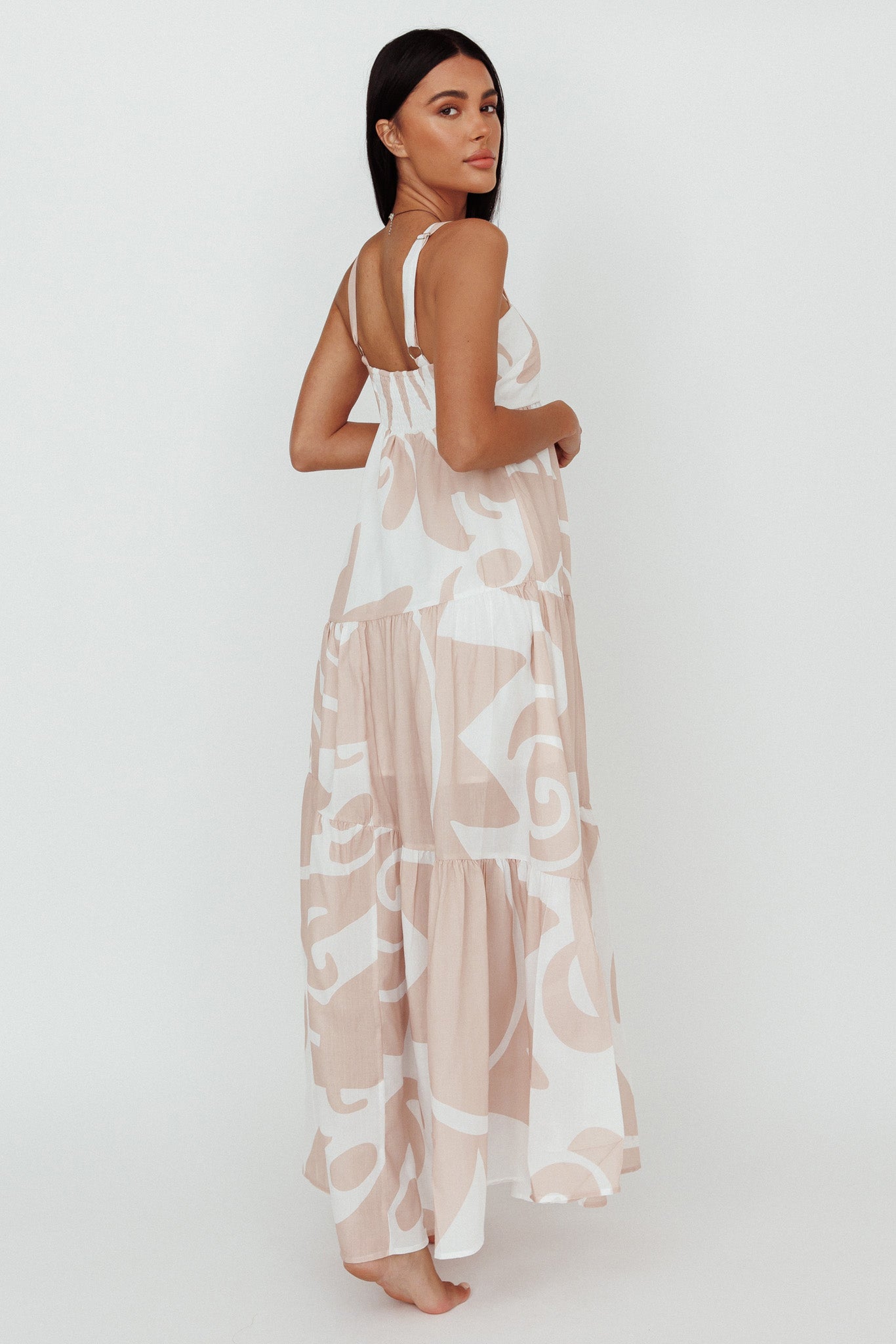 Indianna Square Neckline Maxi Dress Printed Sand/White-Maymioy