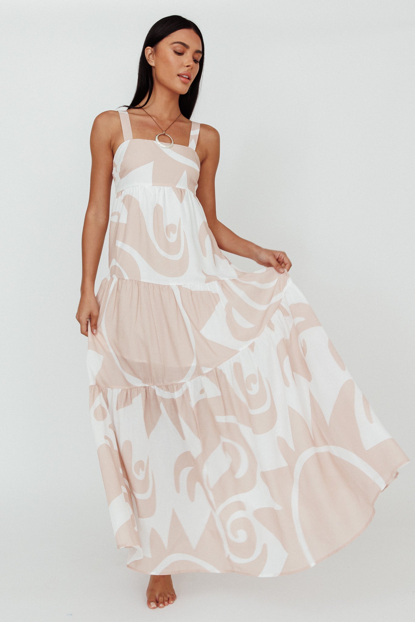 Indianna Square Neckline Maxi Dress Printed Sand/White-Maymioy