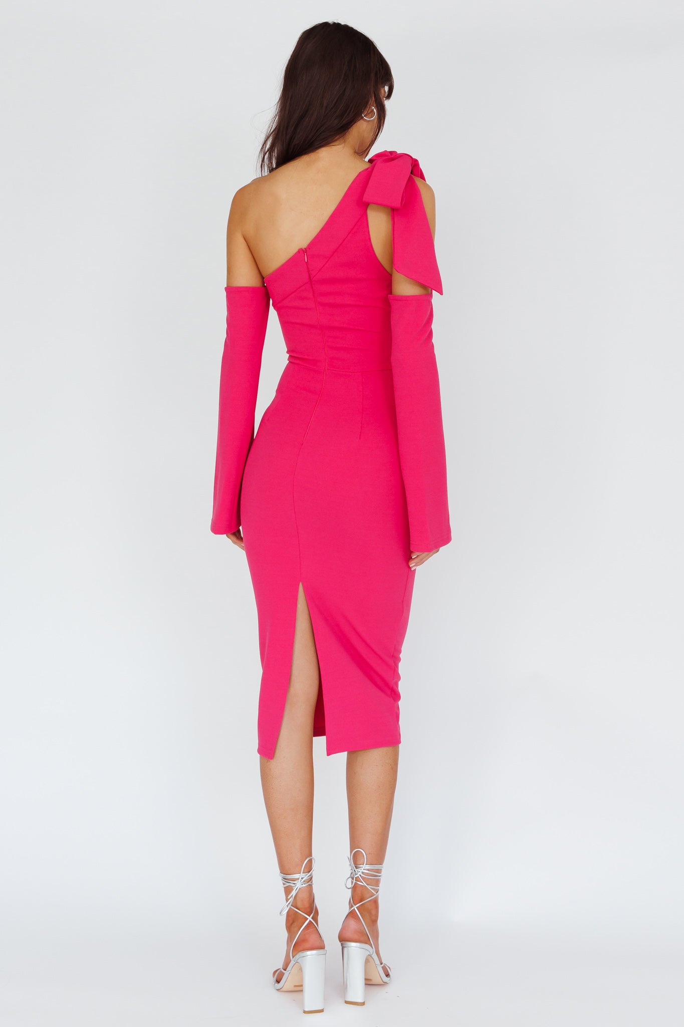 Rigel One-Shoulder Bow Midi Dress Dark Fuchsia-Maymioy