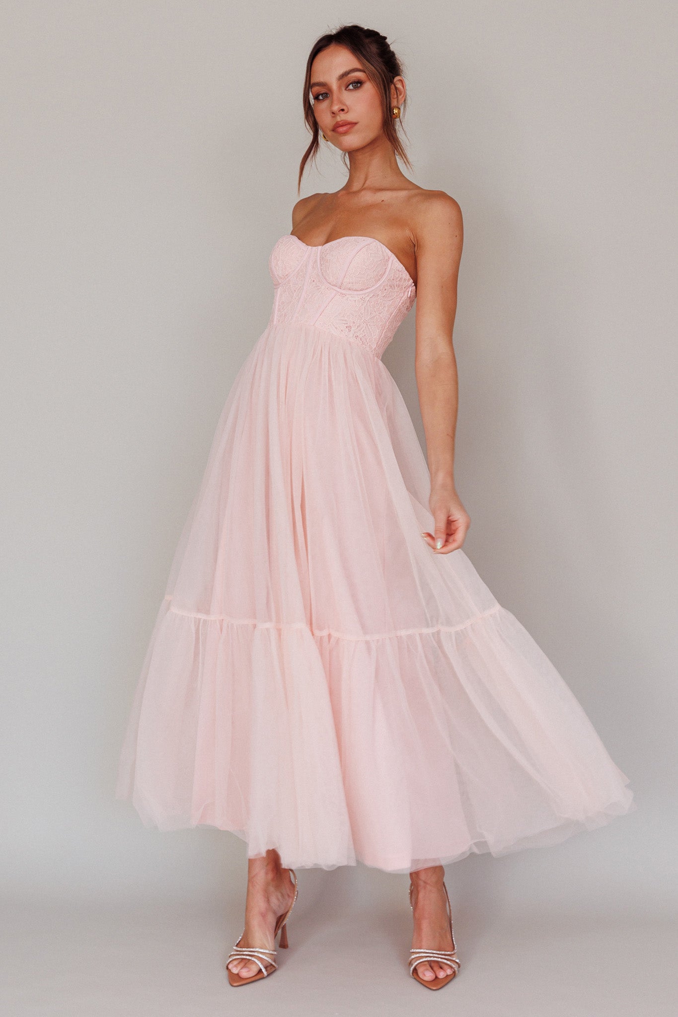 Dancing With Me Sweetheart Tulle Midi Dress Pink-Maymioy