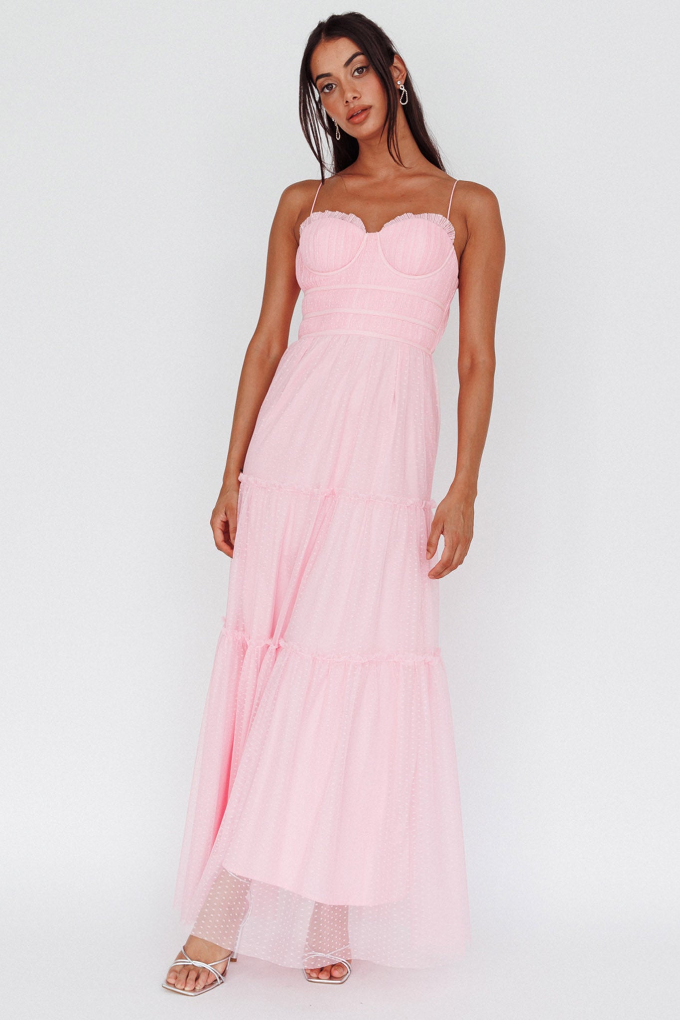 Calla Sweetheart Neckline Hail Spot Midi Dress Pink-Maymioy