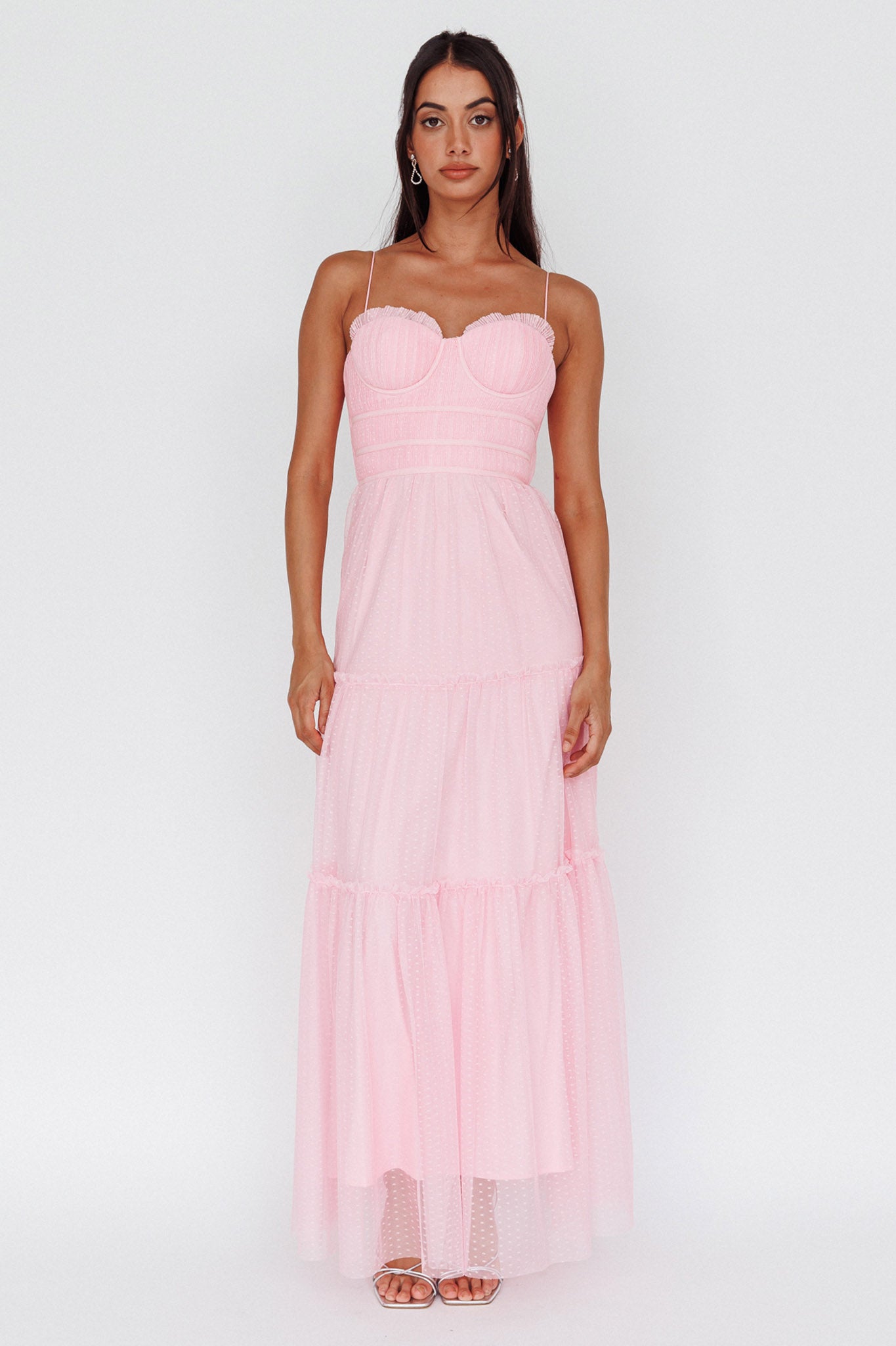 Calla Sweetheart Neckline Hail Spot Midi Dress Pink-Maymioy