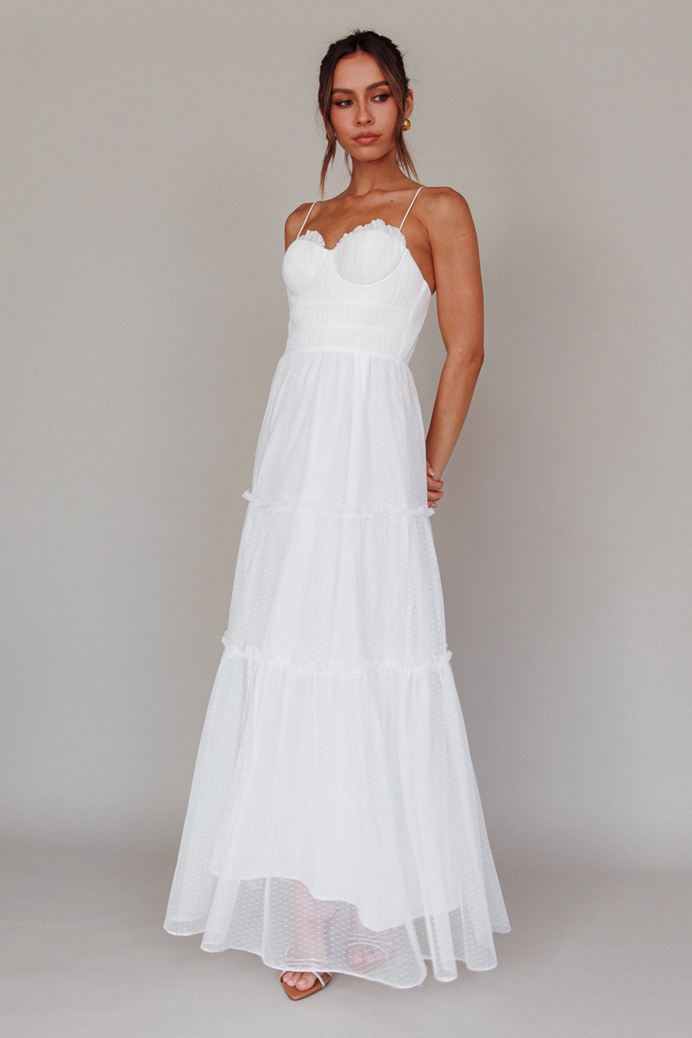 Calla Sweetheart Neckline Hail Spot Midi Dress White-Maymioy