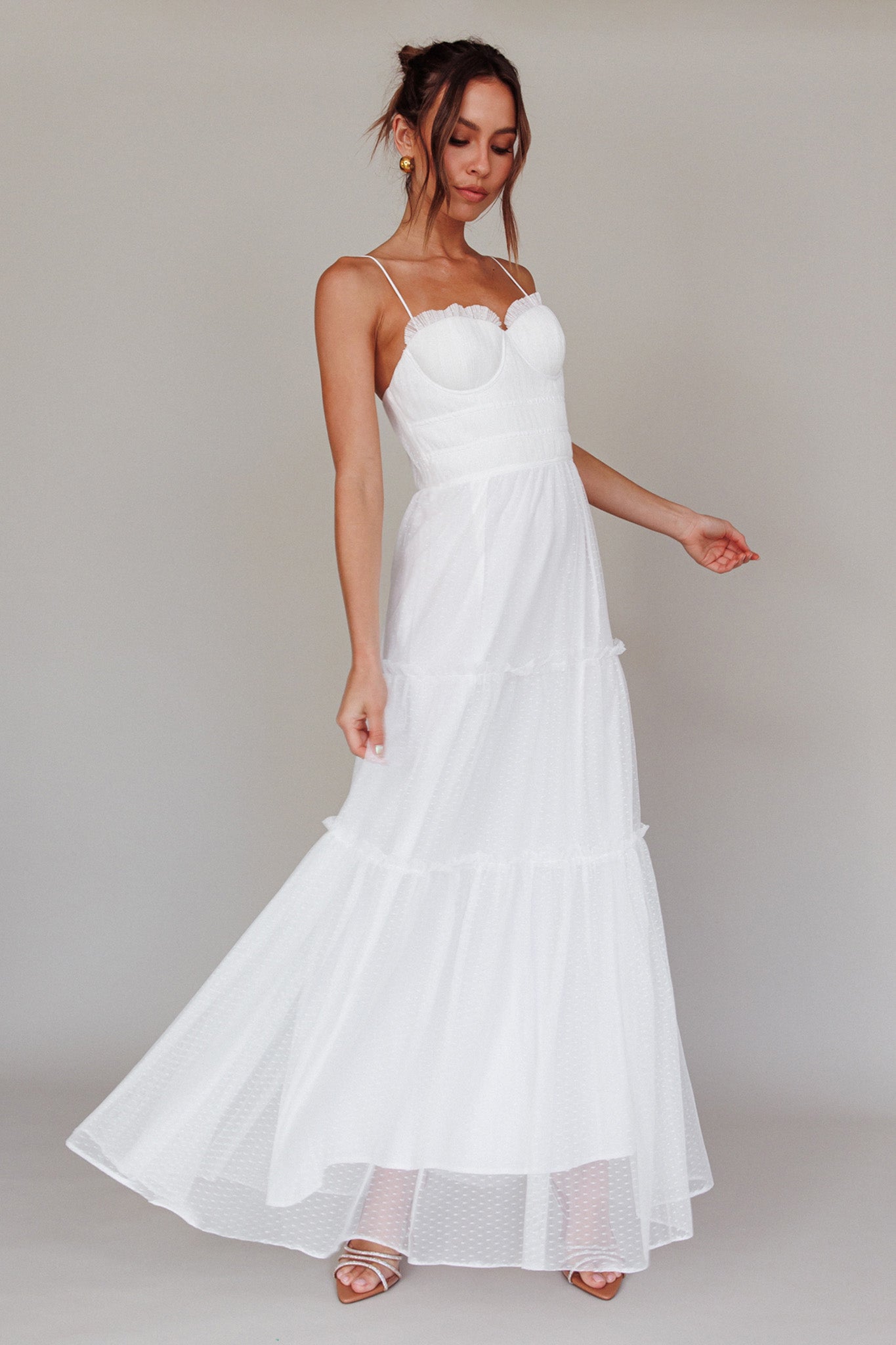 Calla Sweetheart Neckline Hail Spot Midi Dress White-Maymioy