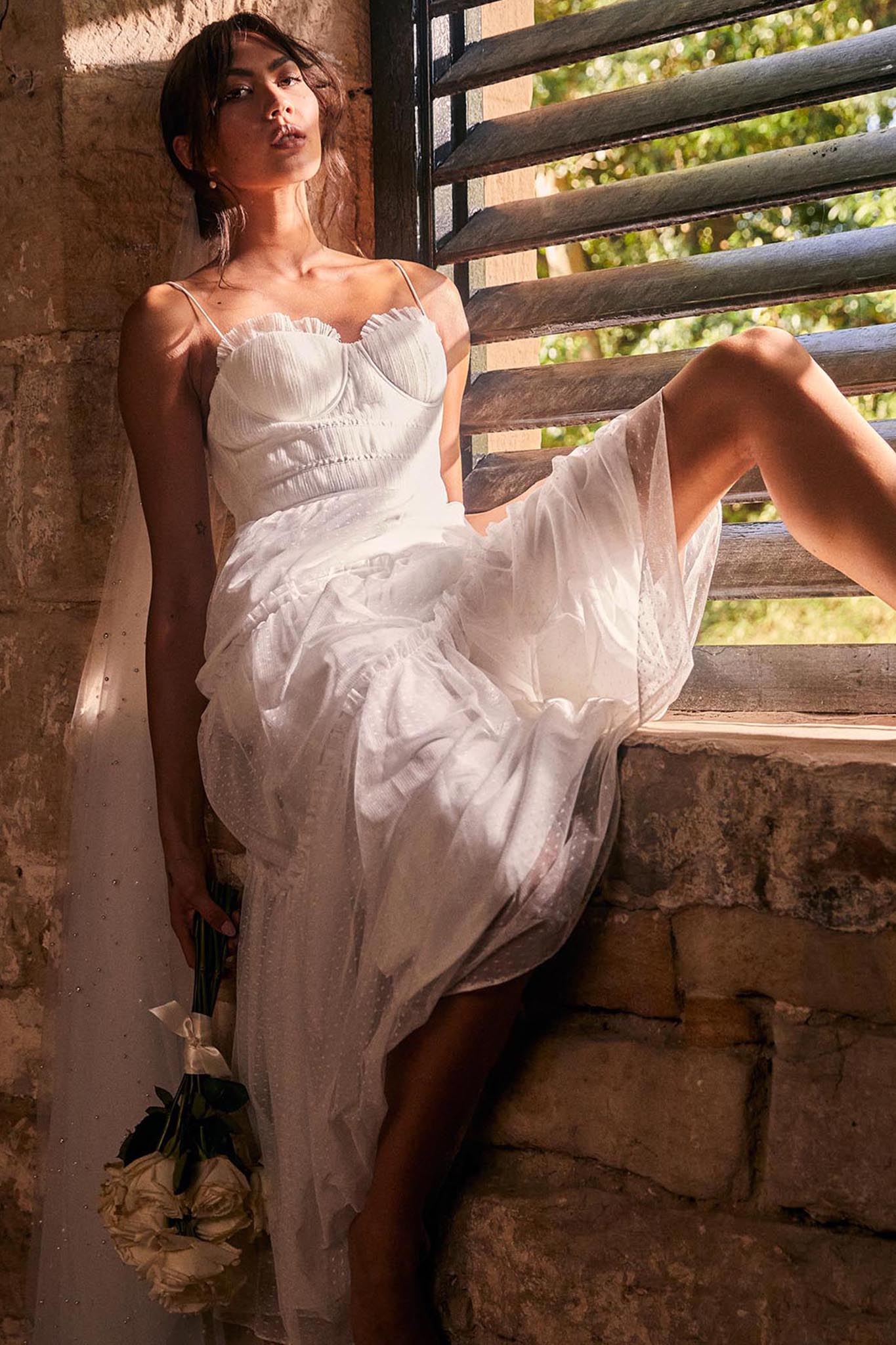 Calla Sweetheart Neckline Hail Spot Midi Dress White-Maymioy