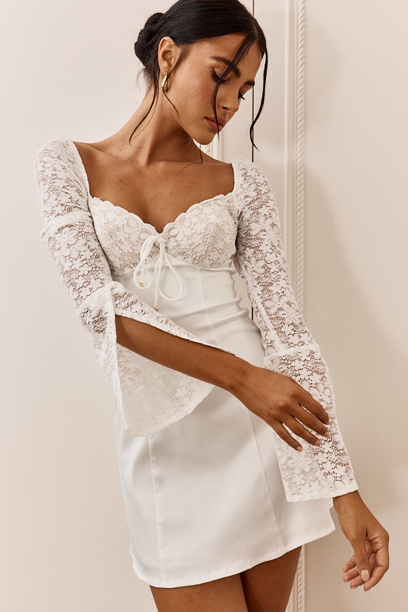 Ti Amo Lace Bust Long Sleeve Mini Dress White-Maymioy