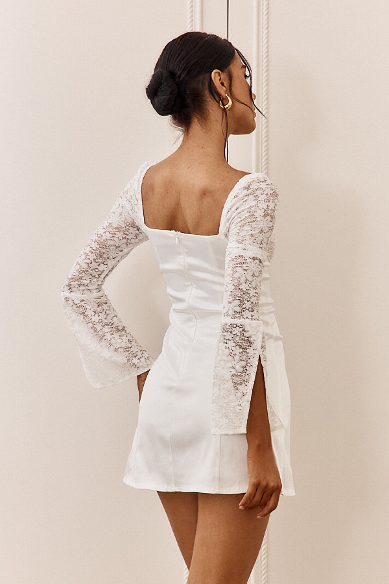 Ti Amo Lace Bust Long Sleeve Mini Dress White-Maymioy