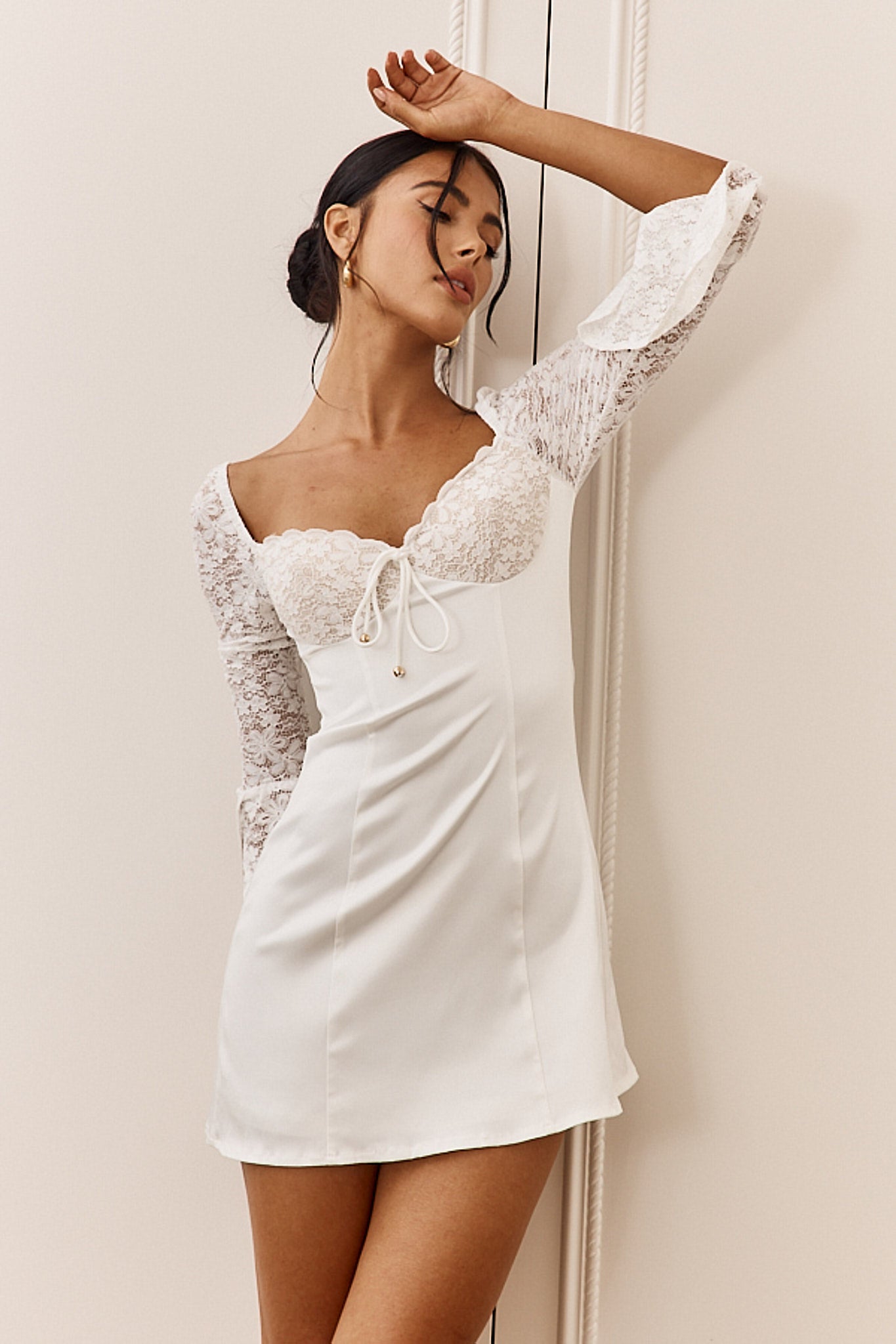 Ti Amo Lace Bust Long Sleeve Mini Dress White-Maymioy