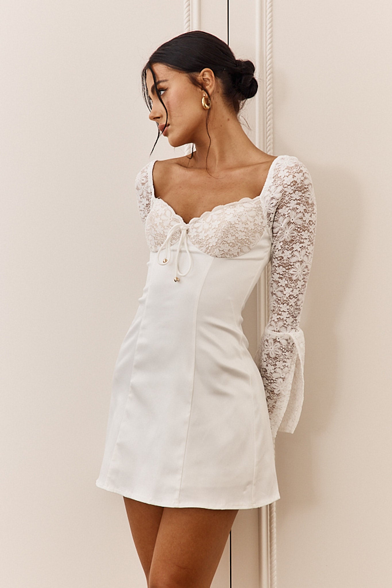 Ti Amo Lace Bust Long Sleeve Mini Dress White-Maymioy