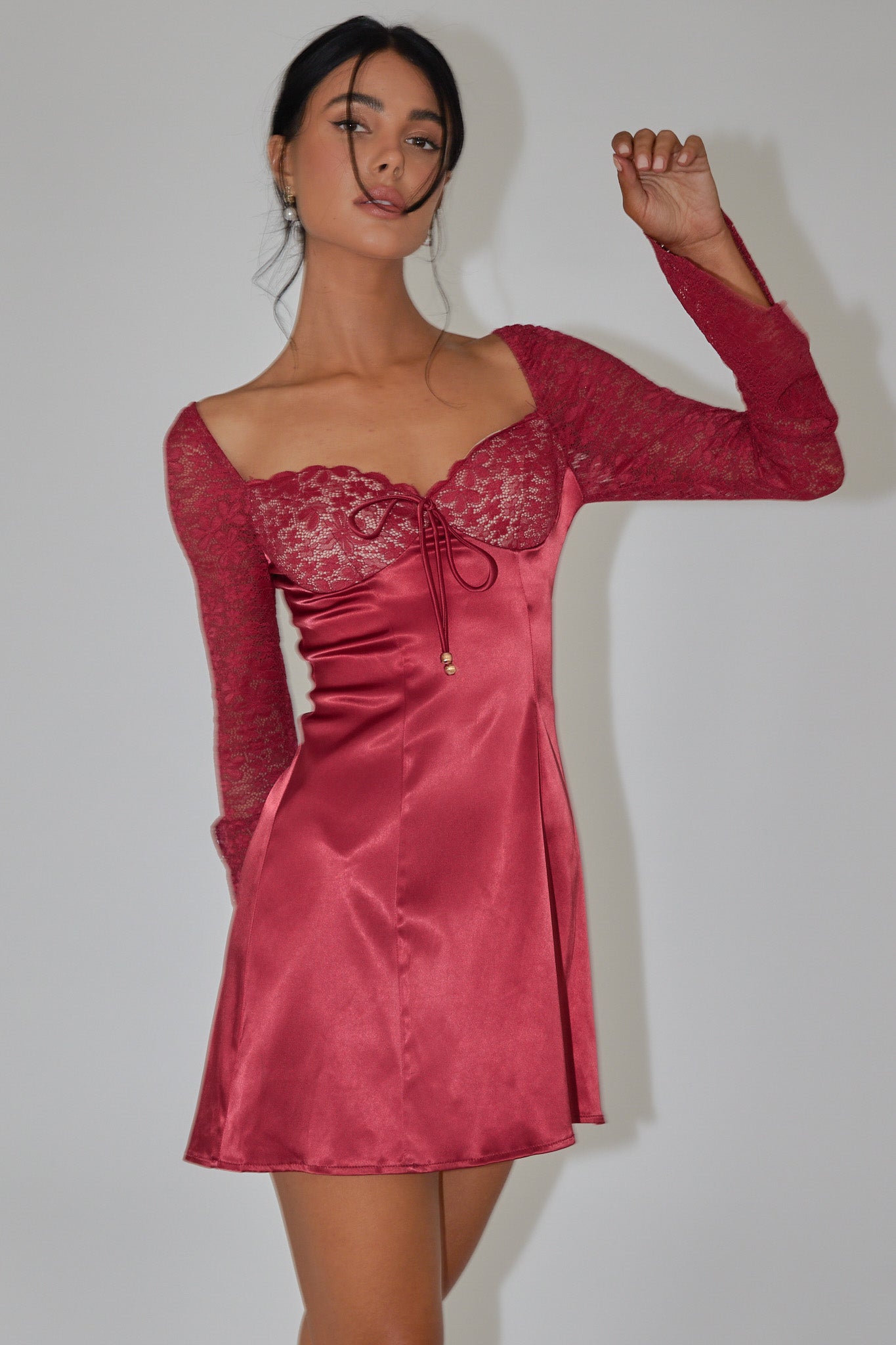 Ti Amo Lace Bust Long Sleeve Mini Dress Wine-Maymioy