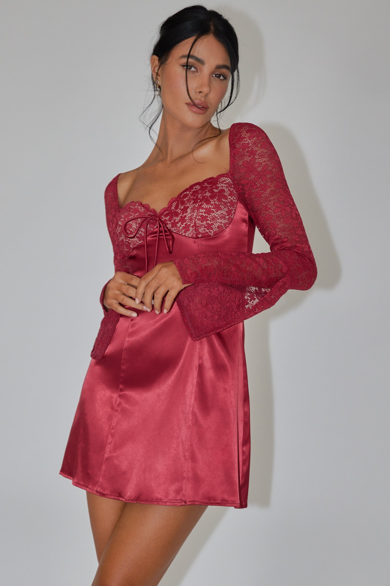 Ti Amo Lace Bust Long Sleeve Mini Dress Wine-Maymioy