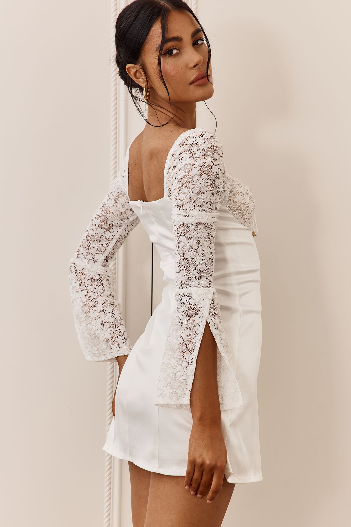 Ti Amo Lace Bust Long Sleeve Mini Dress White-Maymioy