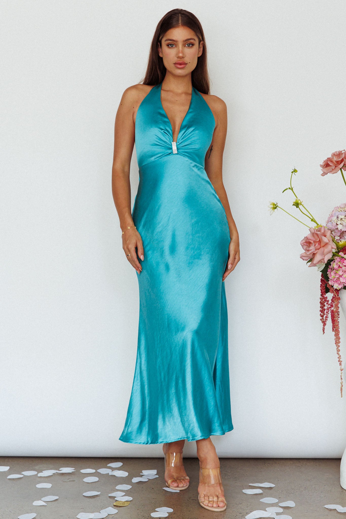 Oasis Diamante Halterneck Maxi Dress Turquoise-Maymioy