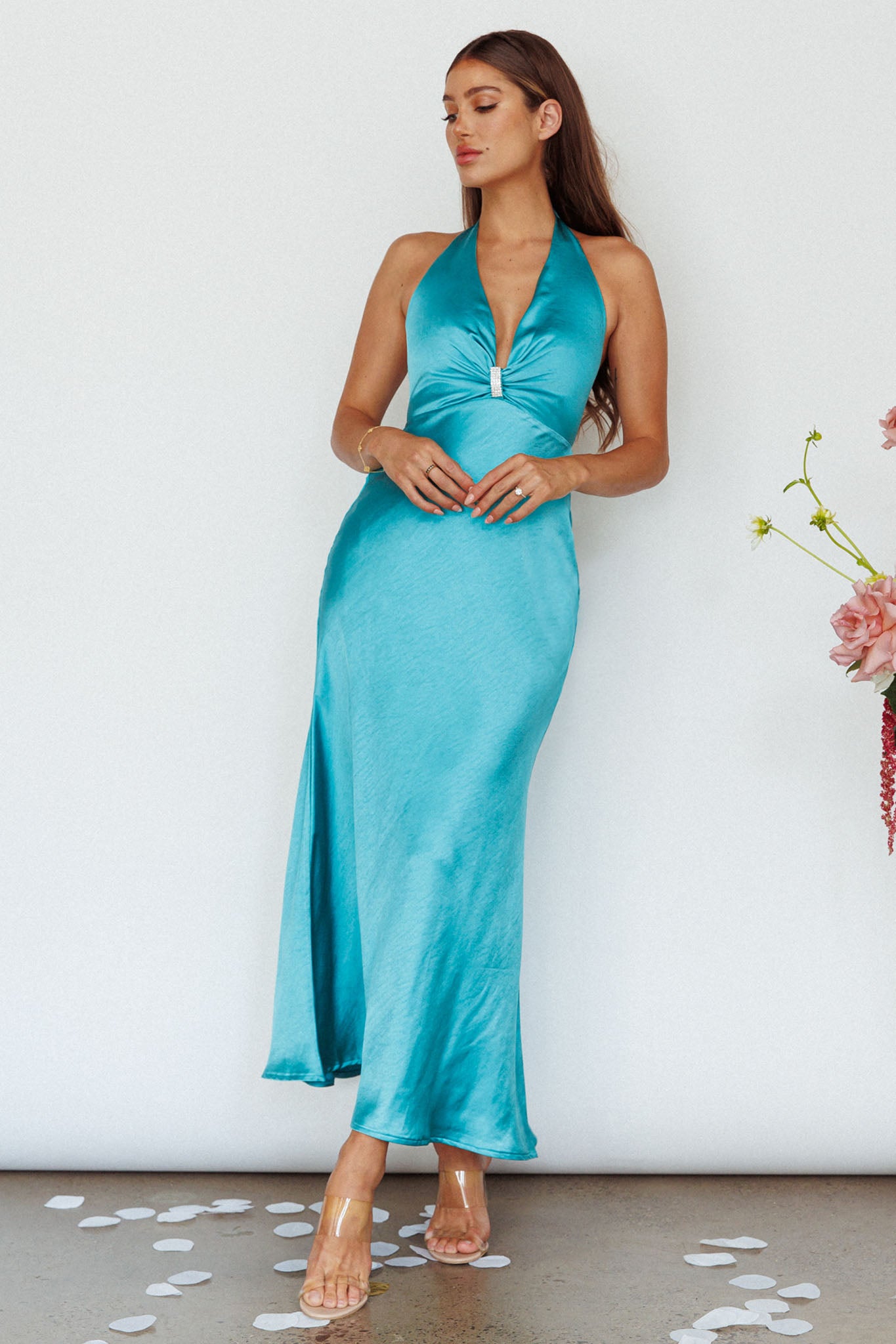 Oasis Diamante Halterneck Maxi Dress Turquoise-Maymioy