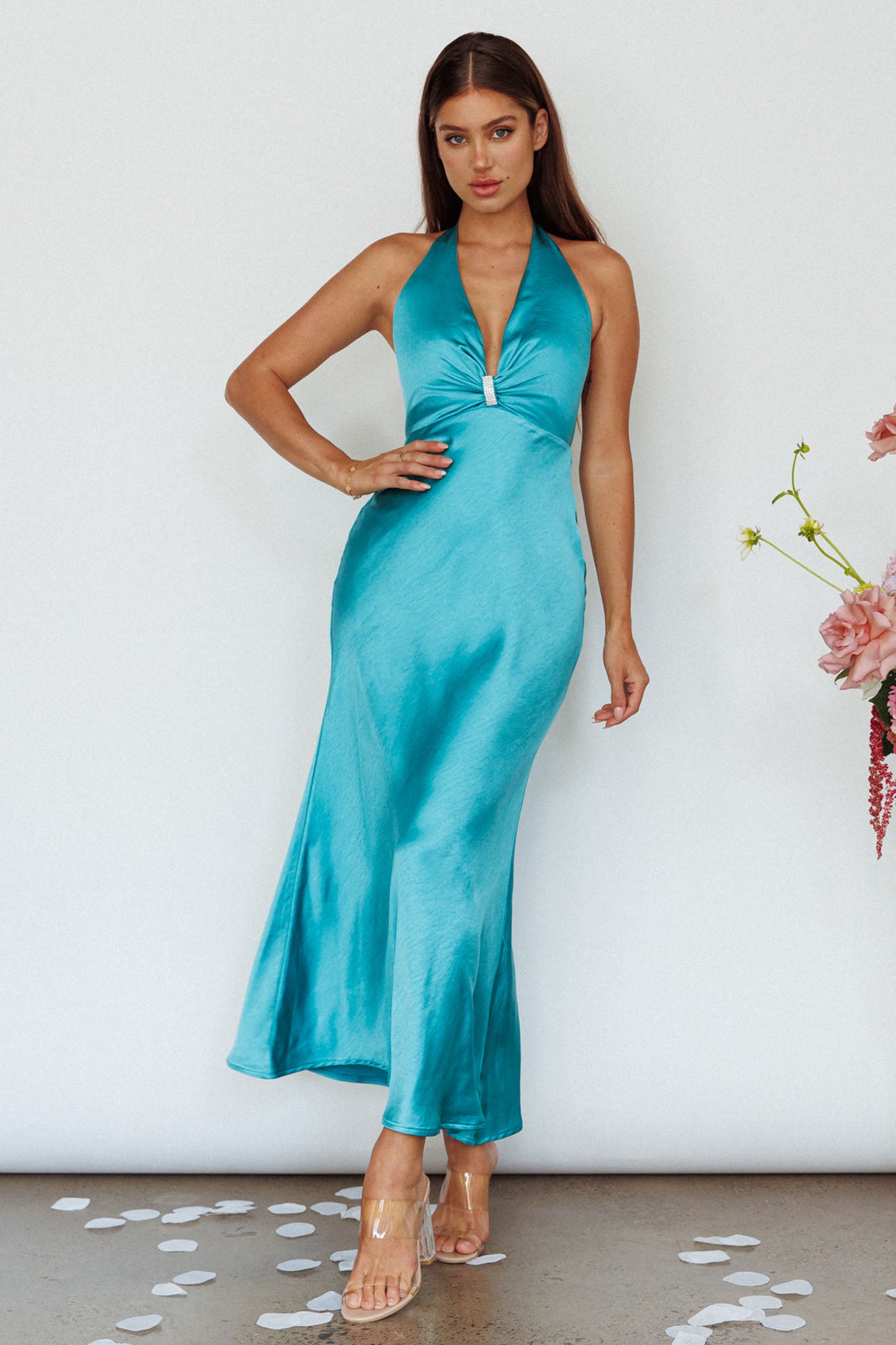 Oasis Diamante Halterneck Maxi Dress Turquoise-Maymioy