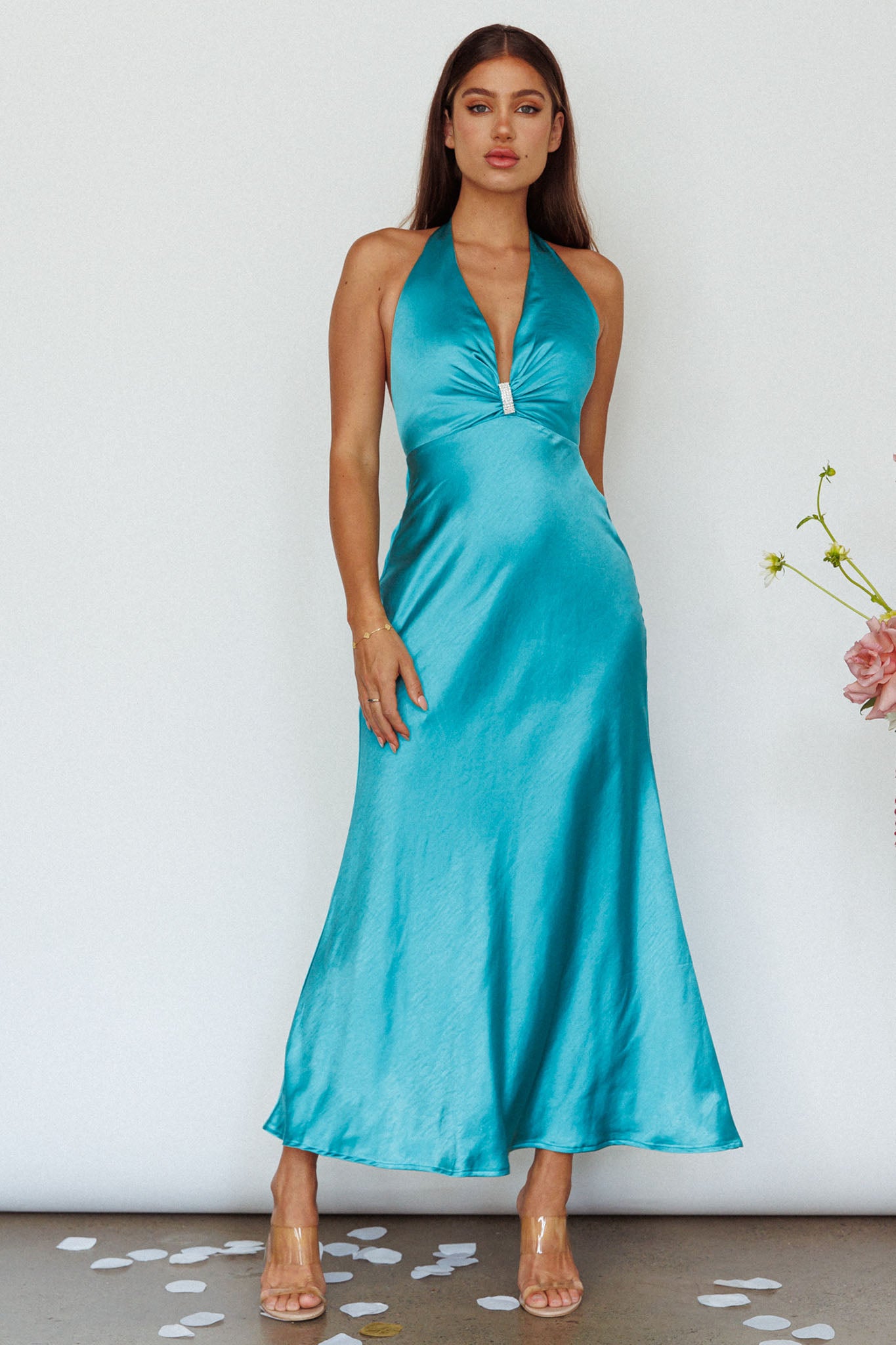 Oasis Diamante Halterneck Maxi Dress Turquoise-Maymioy