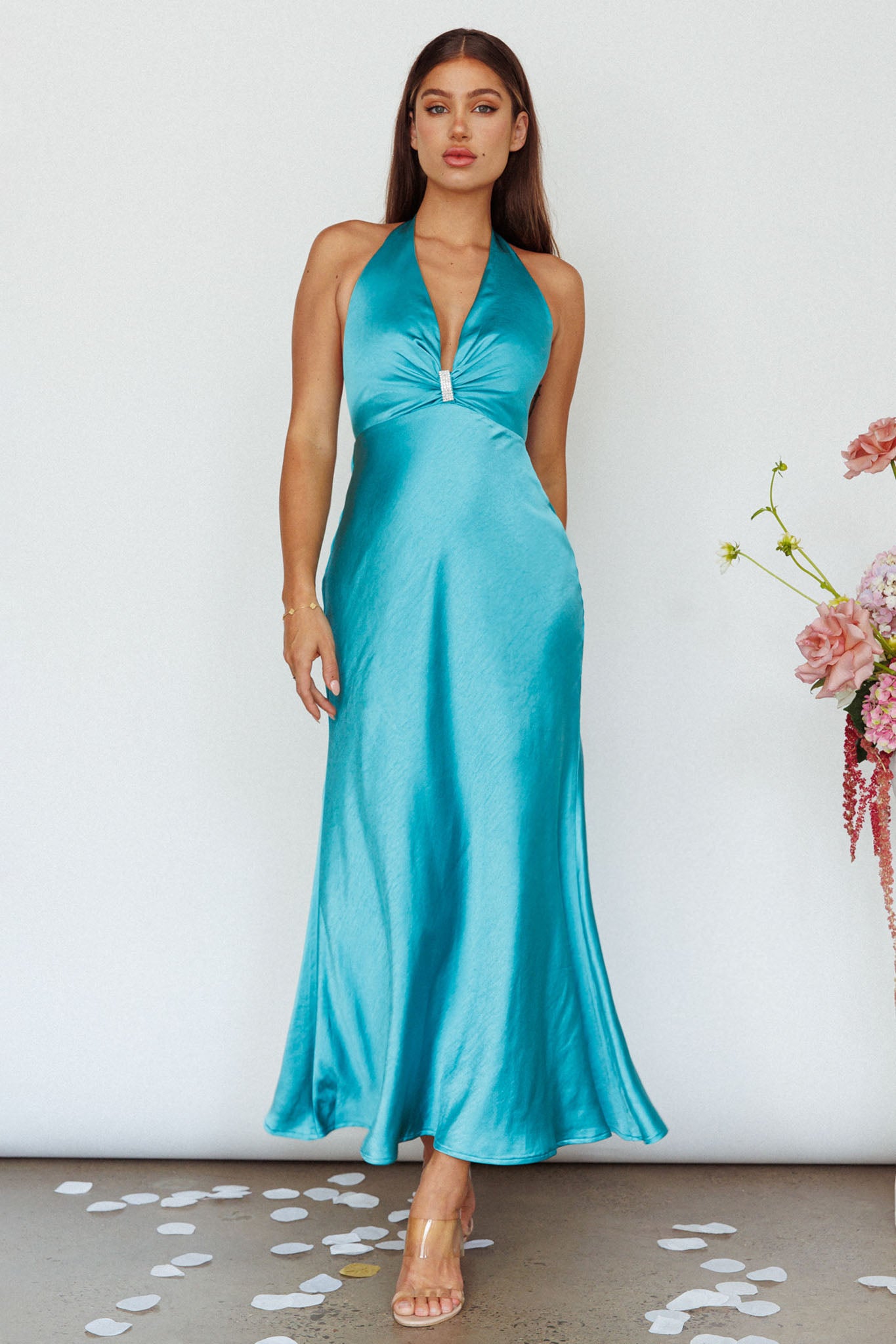 Oasis Diamante Halterneck Maxi Dress Turquoise-Maymioy