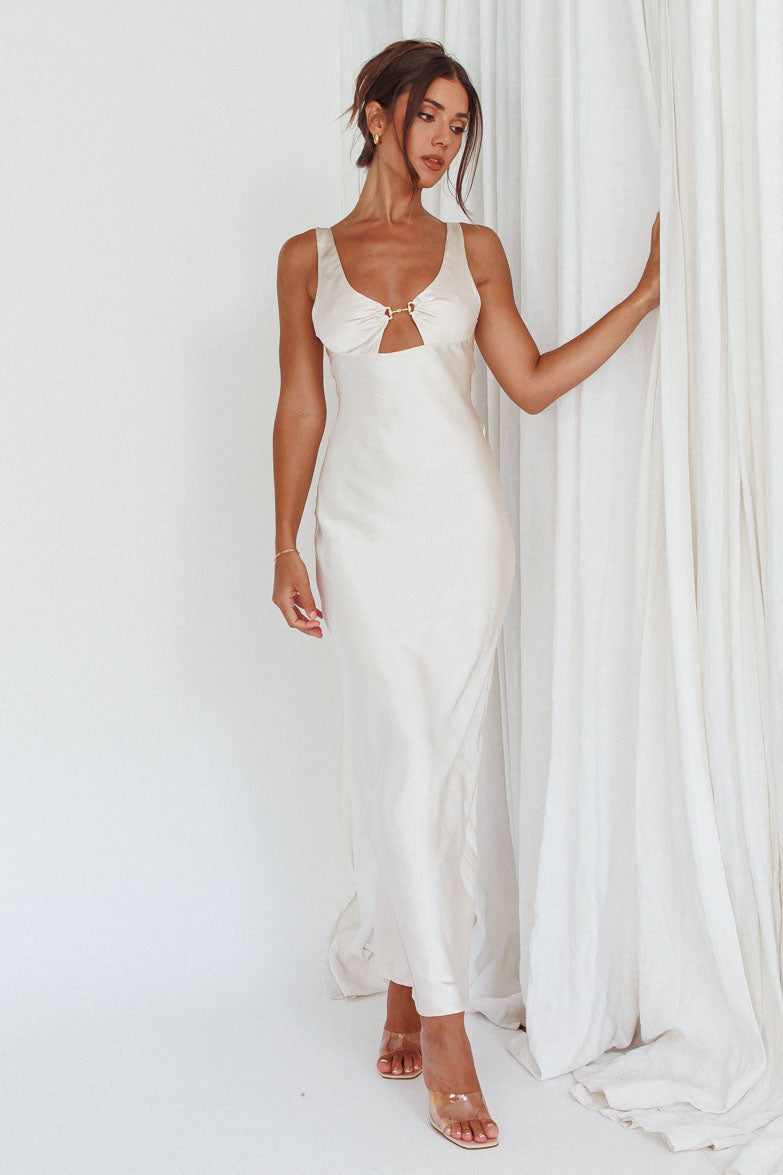 Blushing Beauty Horsebit Accent Maxi Dress Champagne-Maymioy