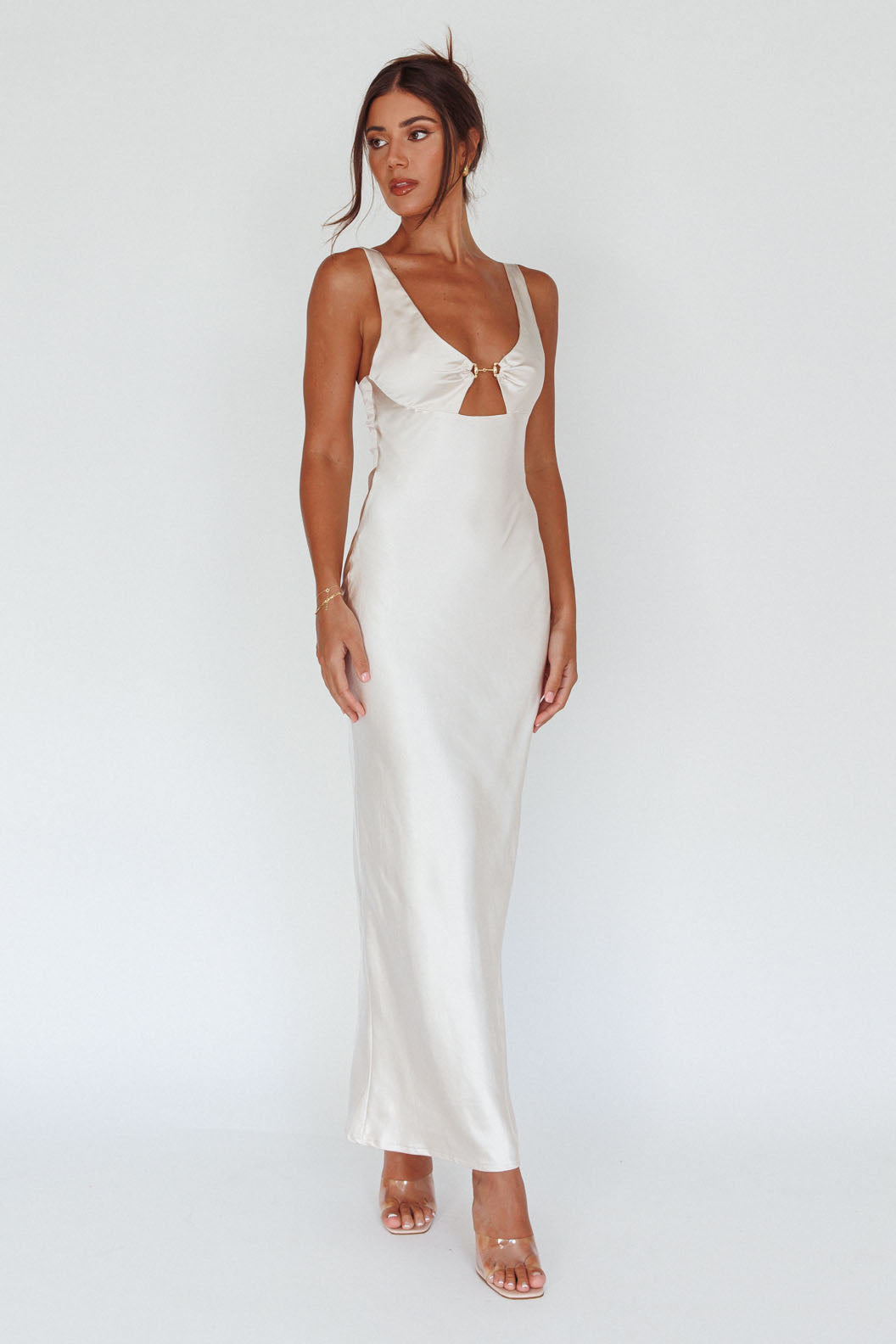 Blushing Beauty Horsebit Accent Maxi Dress Champagne-Maymioy