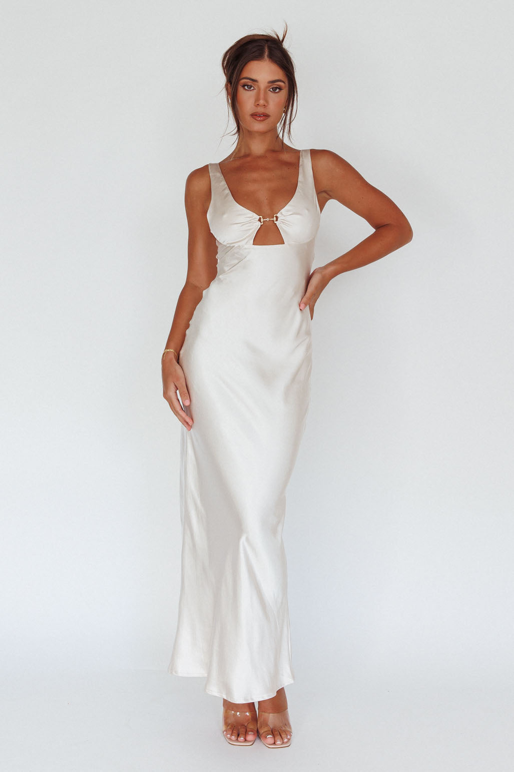 Blushing Beauty Horsebit Accent Maxi Dress Champagne-Maymioy