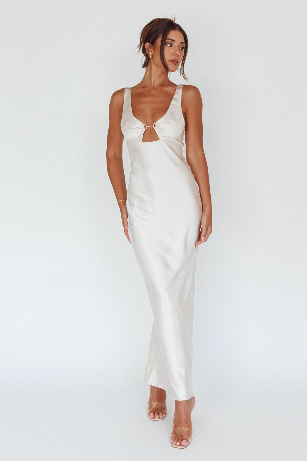 Blushing Beauty Horsebit Accent Maxi Dress Champagne-Maymioy