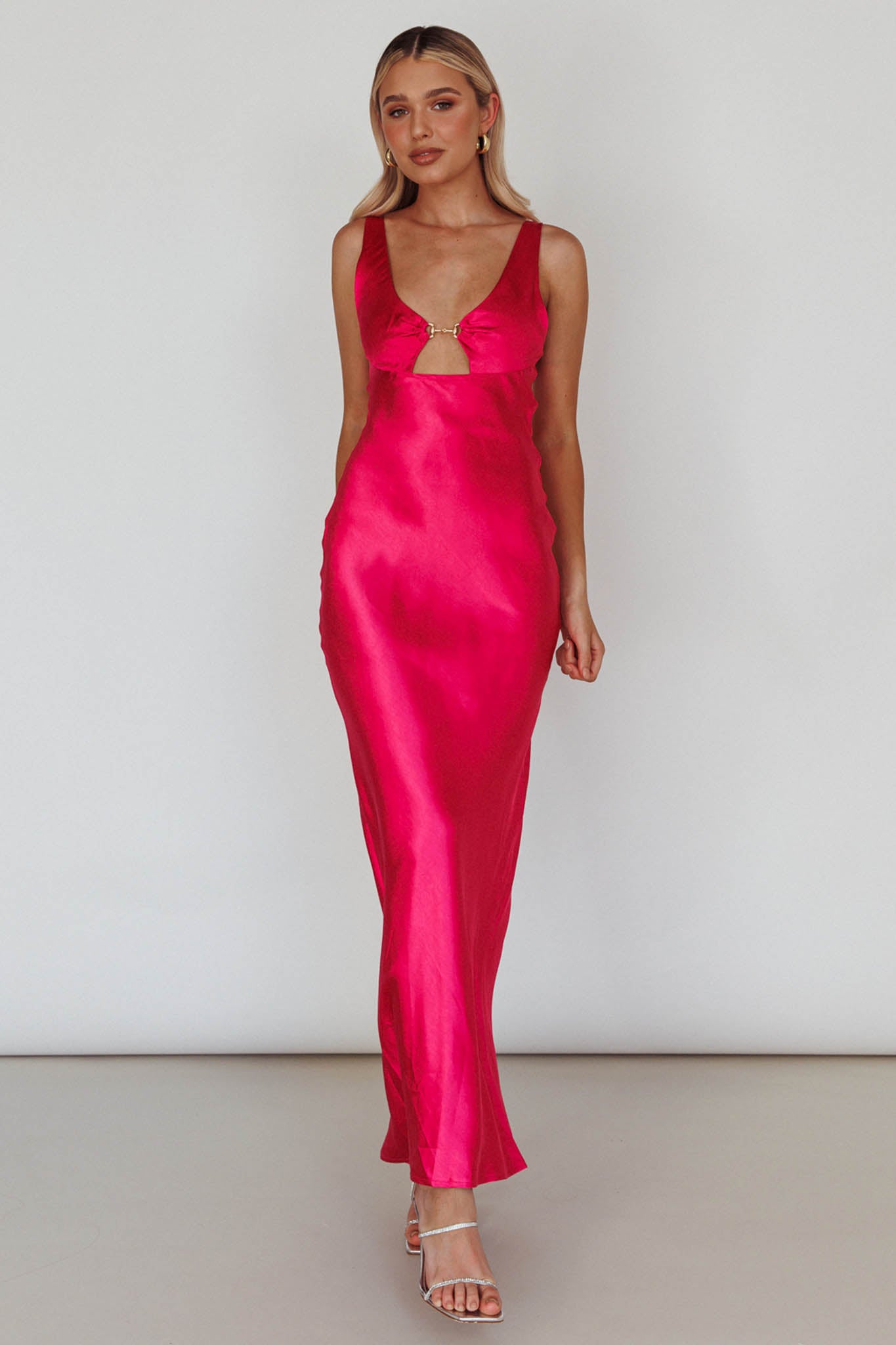 Blushing Beauty Horsebit Accent Maxi Dress Hot Pink-Maymioy