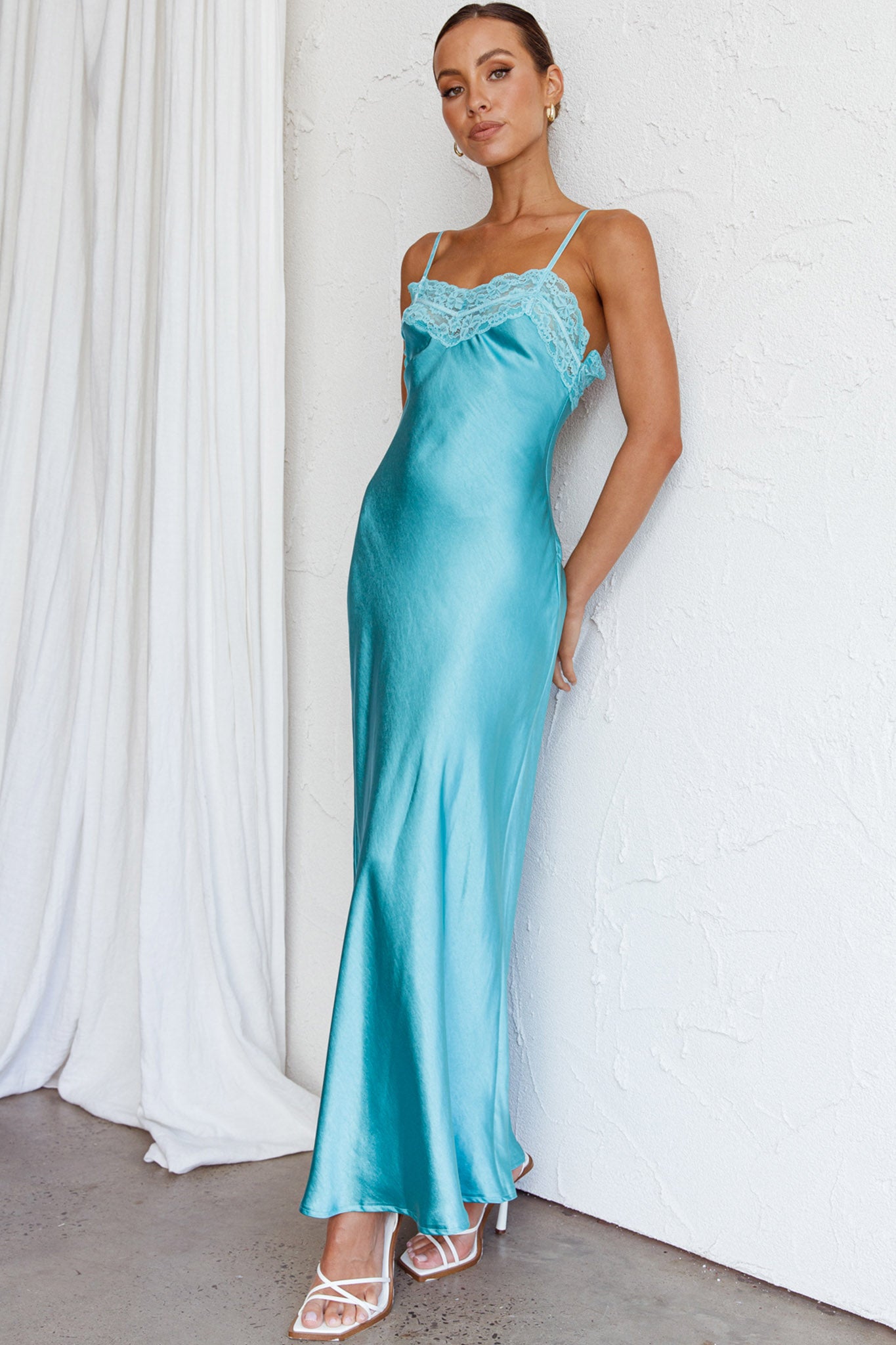 East Coast Lace Bust Midi Dress Aqua Blue-Maymioy