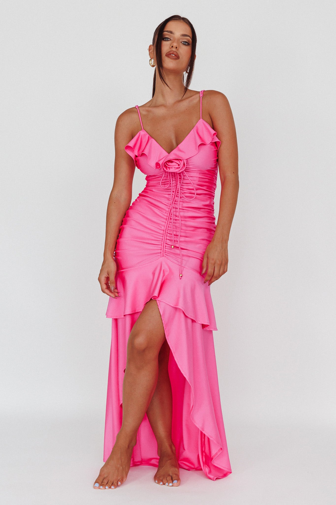 Rosalia Ruched Ruffle Maxi Dress Fuchsia-Maymioy