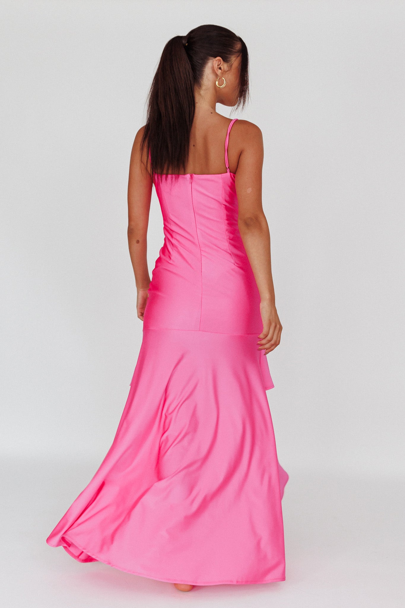 Rosalia Ruched Ruffle Maxi Dress Fuchsia-Maymioy