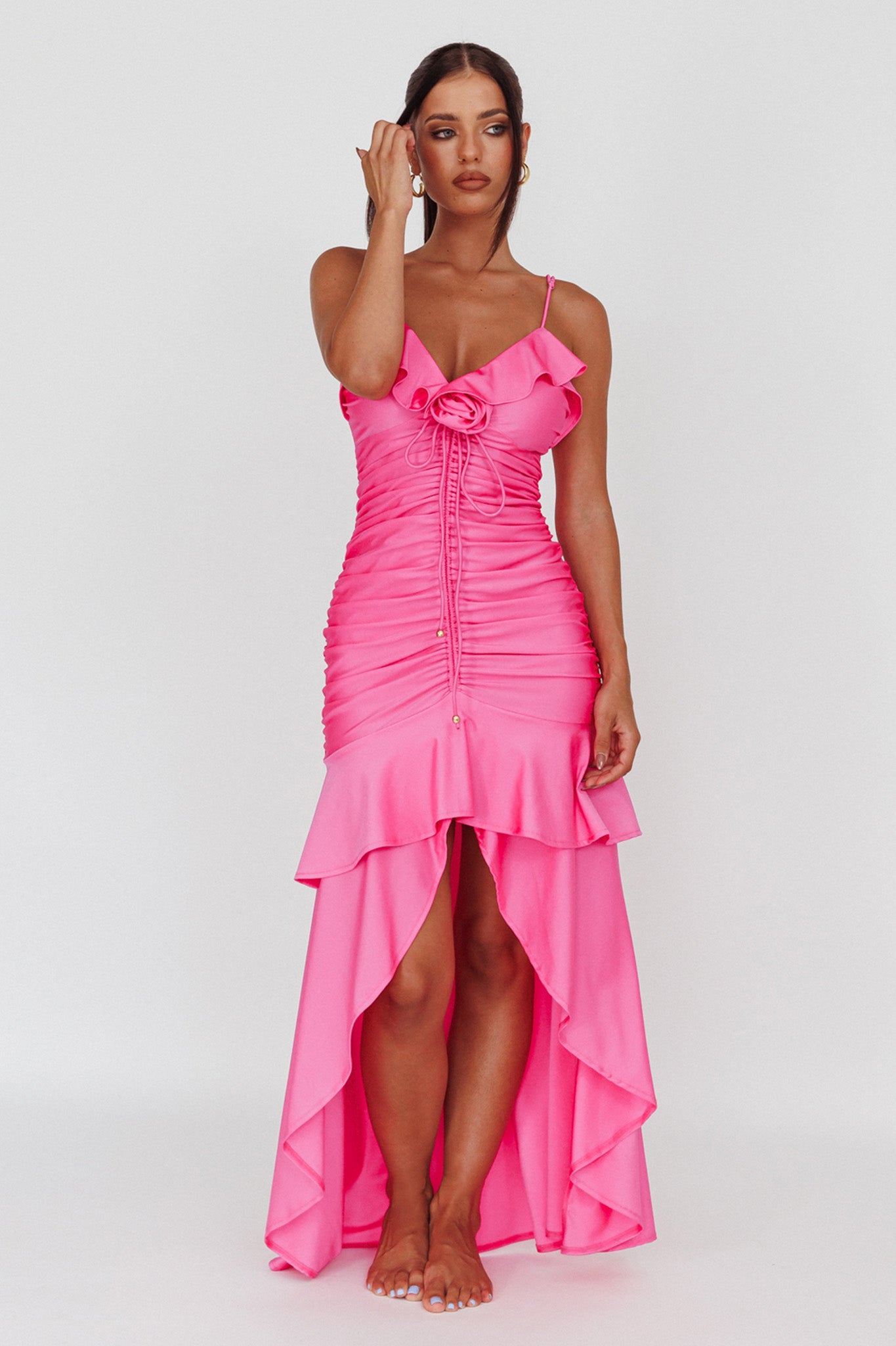 Rosalia Ruched Ruffle Maxi Dress Fuchsia-Maymioy