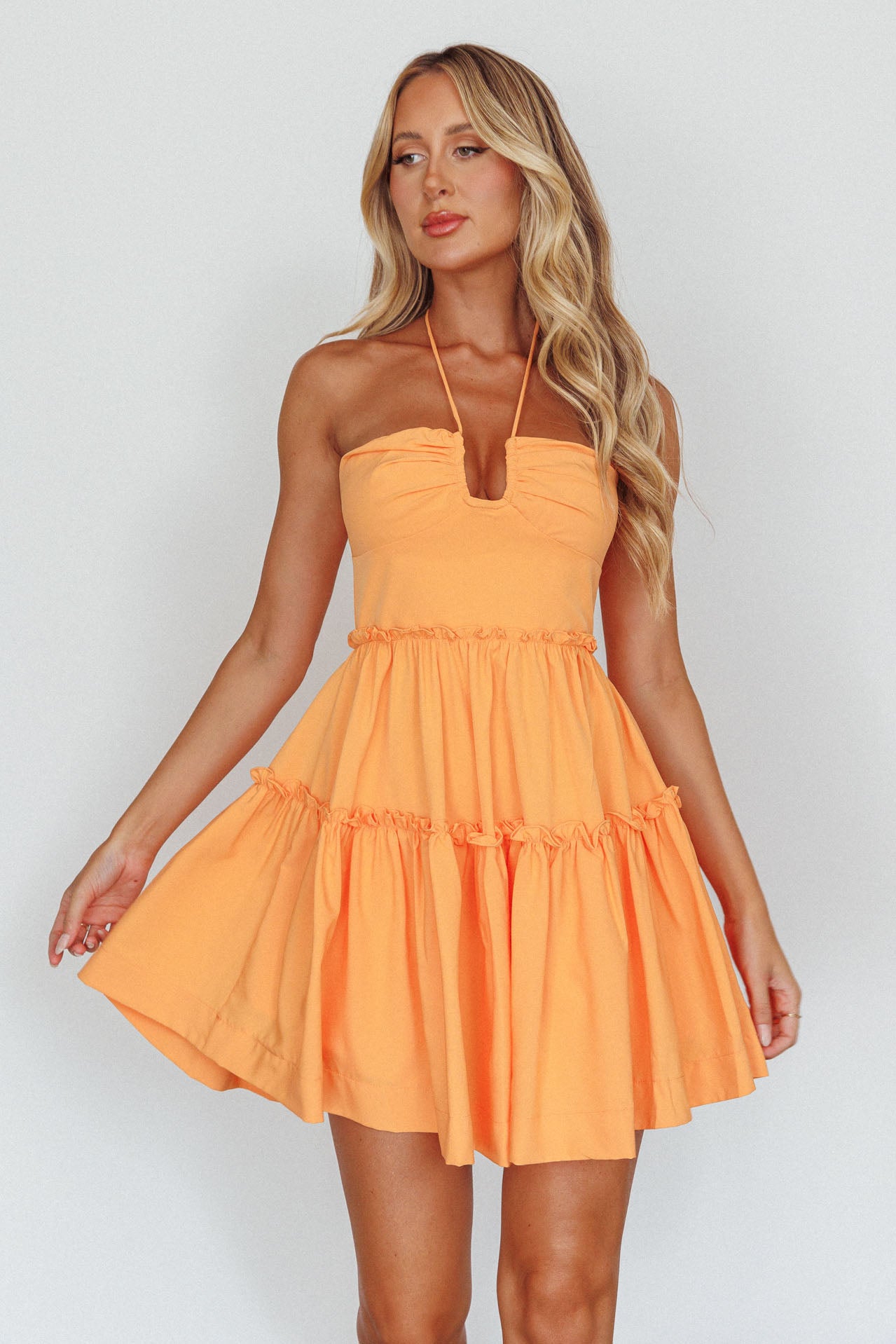Sherbet Sunset Tied Neck Mini Dress Orange-Maymioy
