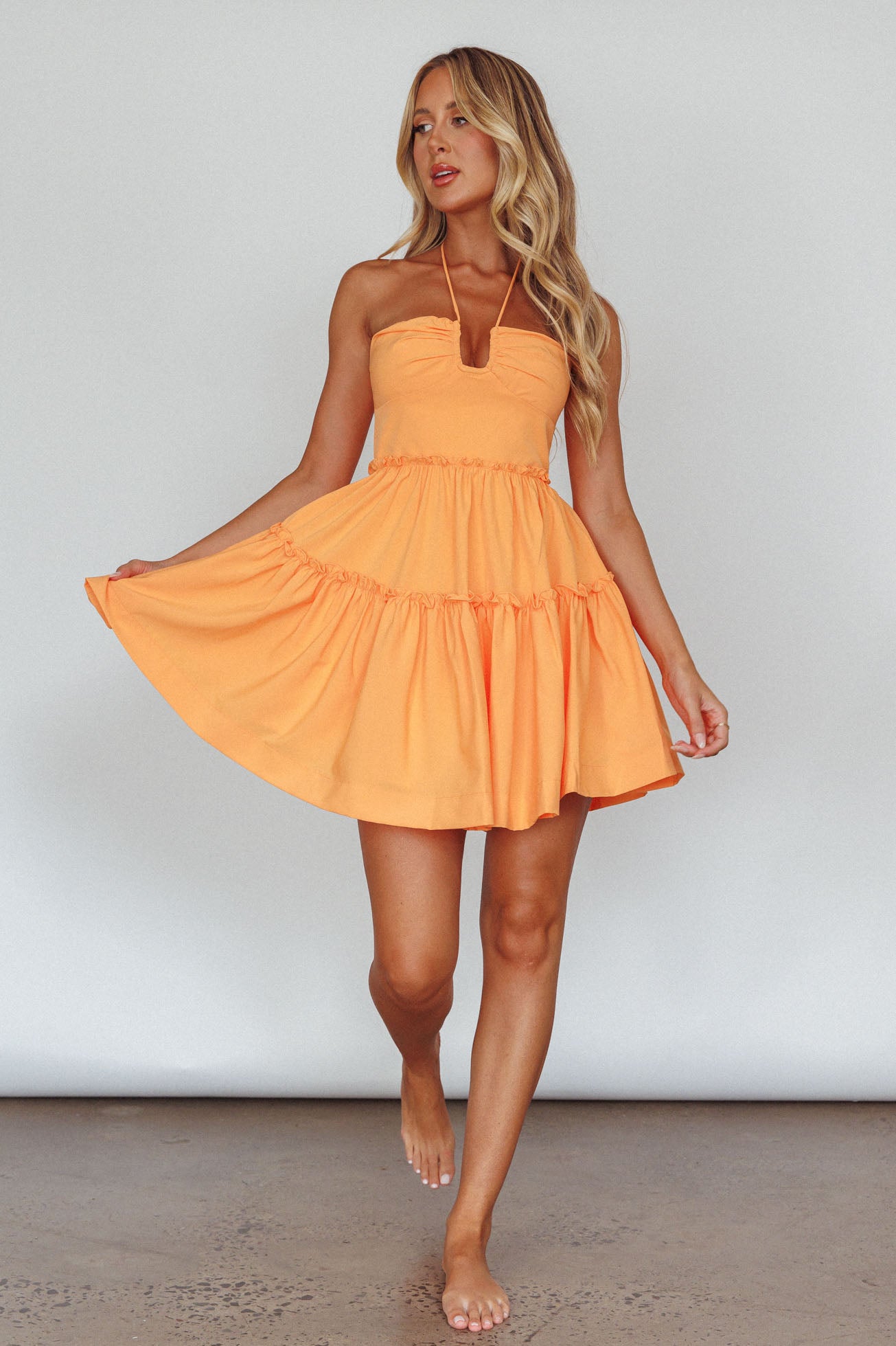 Sherbet Sunset Tied Neck Mini Dress Orange-Maymioy