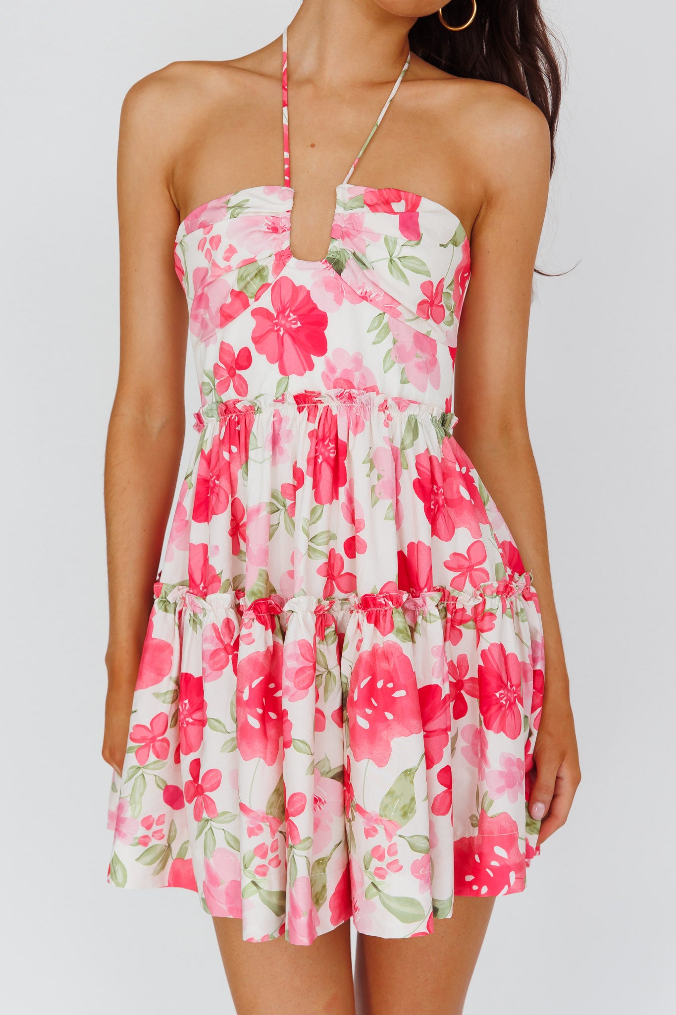 Horizons Frill Trim Mini Dress Floral Pink-Maymioy