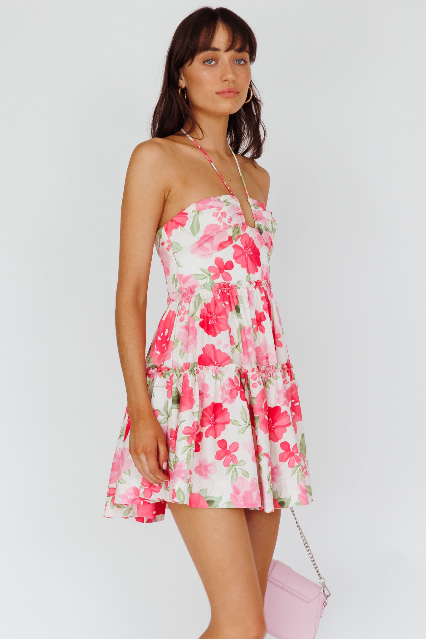 Horizons Frill Trim Mini Dress Floral Pink-Maymioy