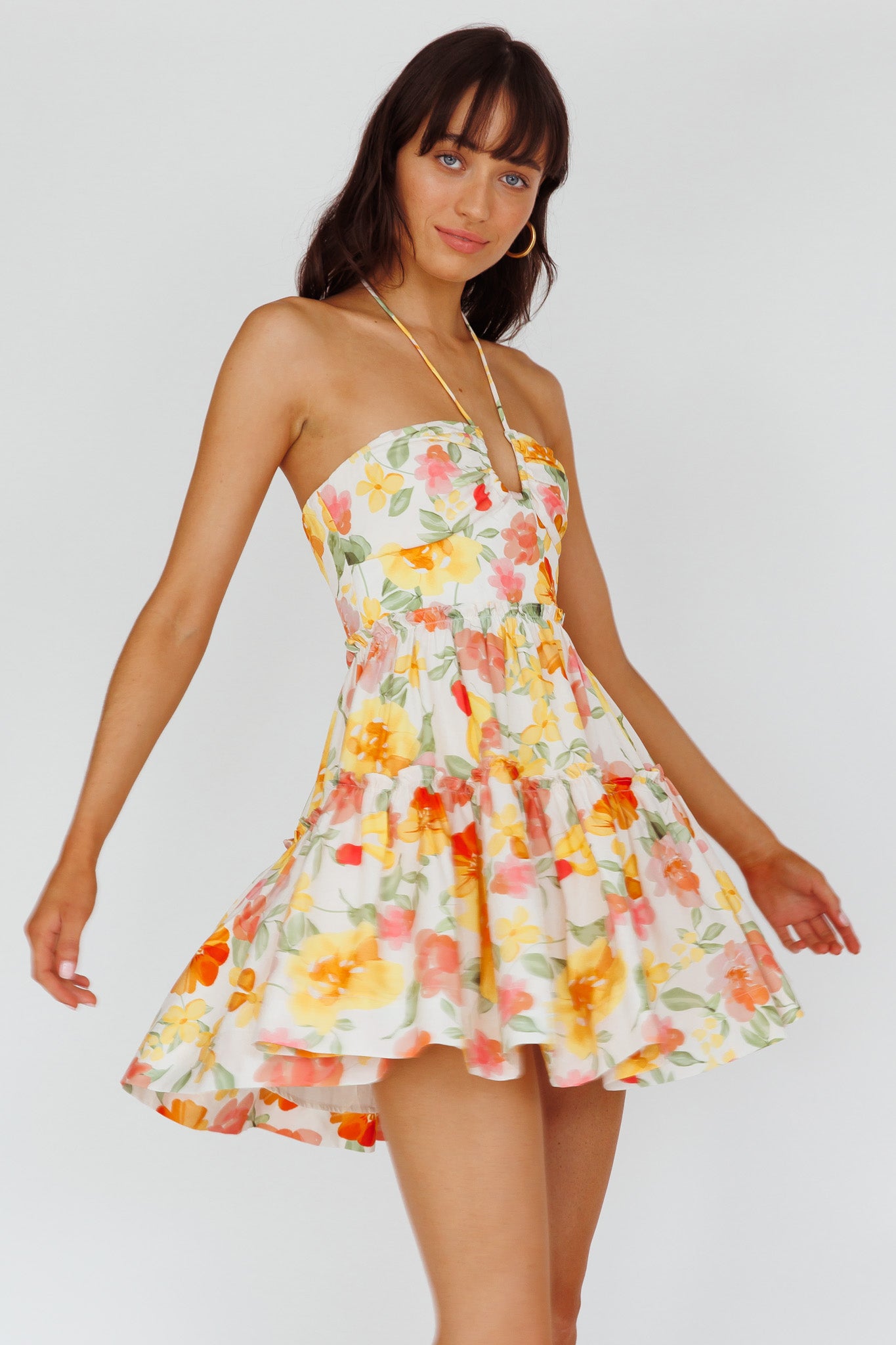 Horizons Frill Trim Mini Dress Floral Yellow-Maymioy