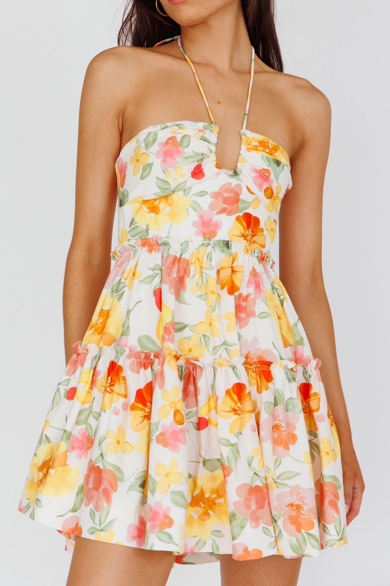 Horizons Frill Trim Mini Dress Floral Yellow-Maymioy