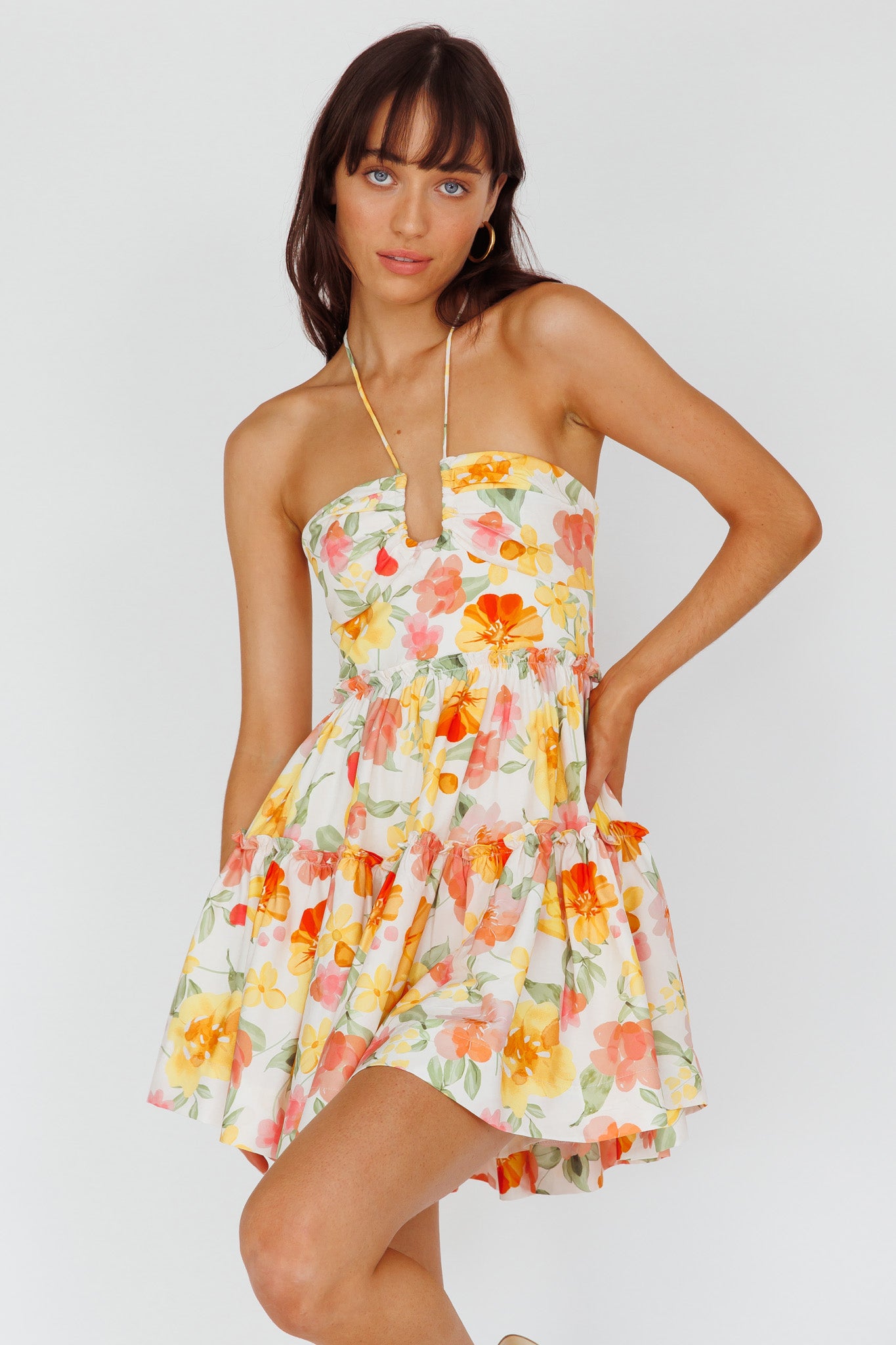 Horizons Frill Trim Mini Dress Floral Yellow-Maymioy